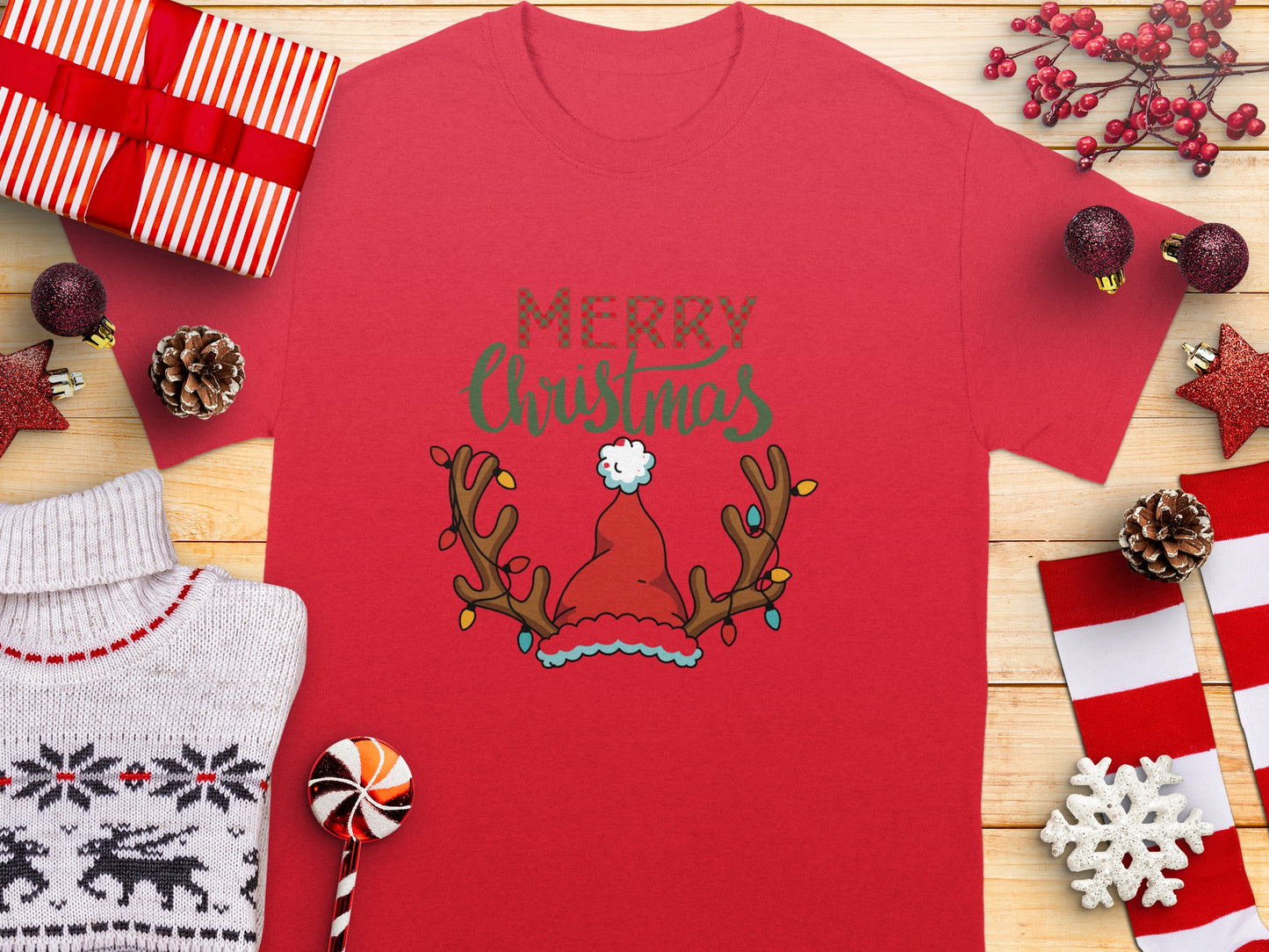 Merry Christmas Reindeer Hat Graphic Shirt
