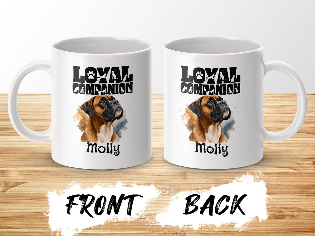 Two white ceramic mugs featuring a boxer dog and "LOYAL COMPANION Molly".