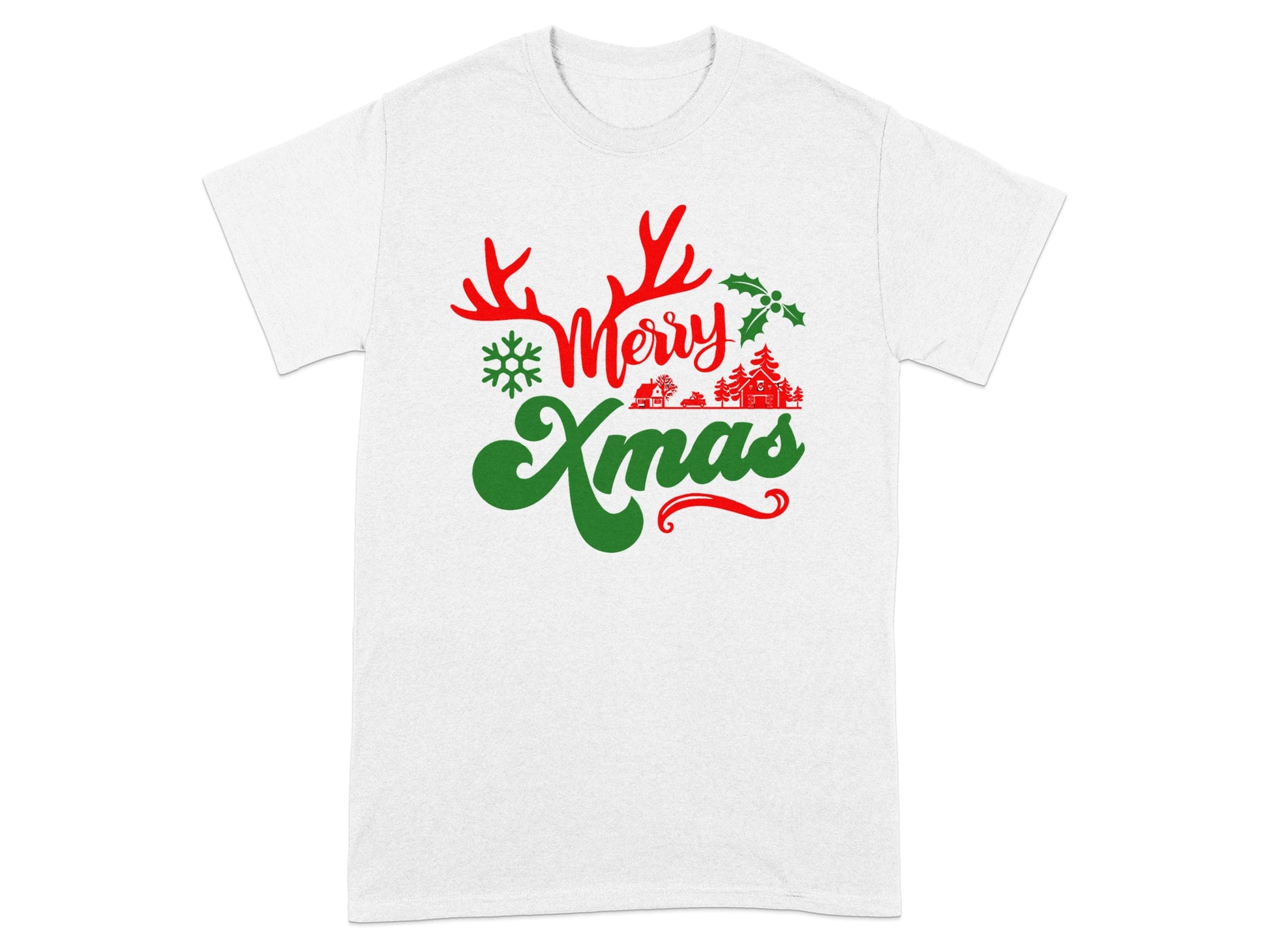 Festive Merry Xmas White Graphic Tee Holiday Shirt