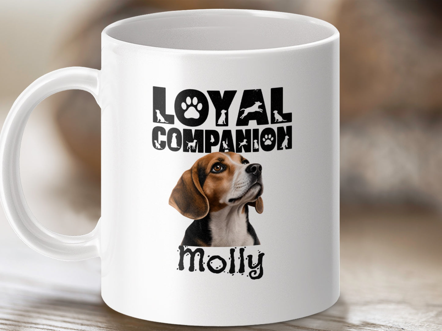 White mug with "Loyal Companion" text and a Beagle dog named Molly.
