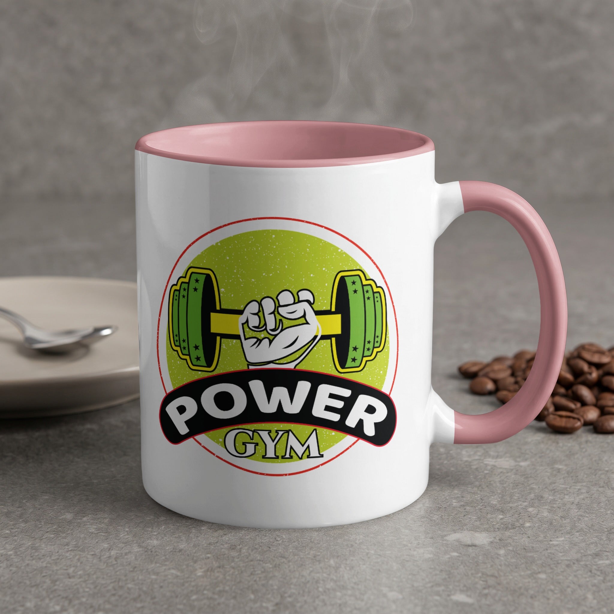 White mug with pink handle, featuring "Power Gym" logo with dumbbell and bicep.