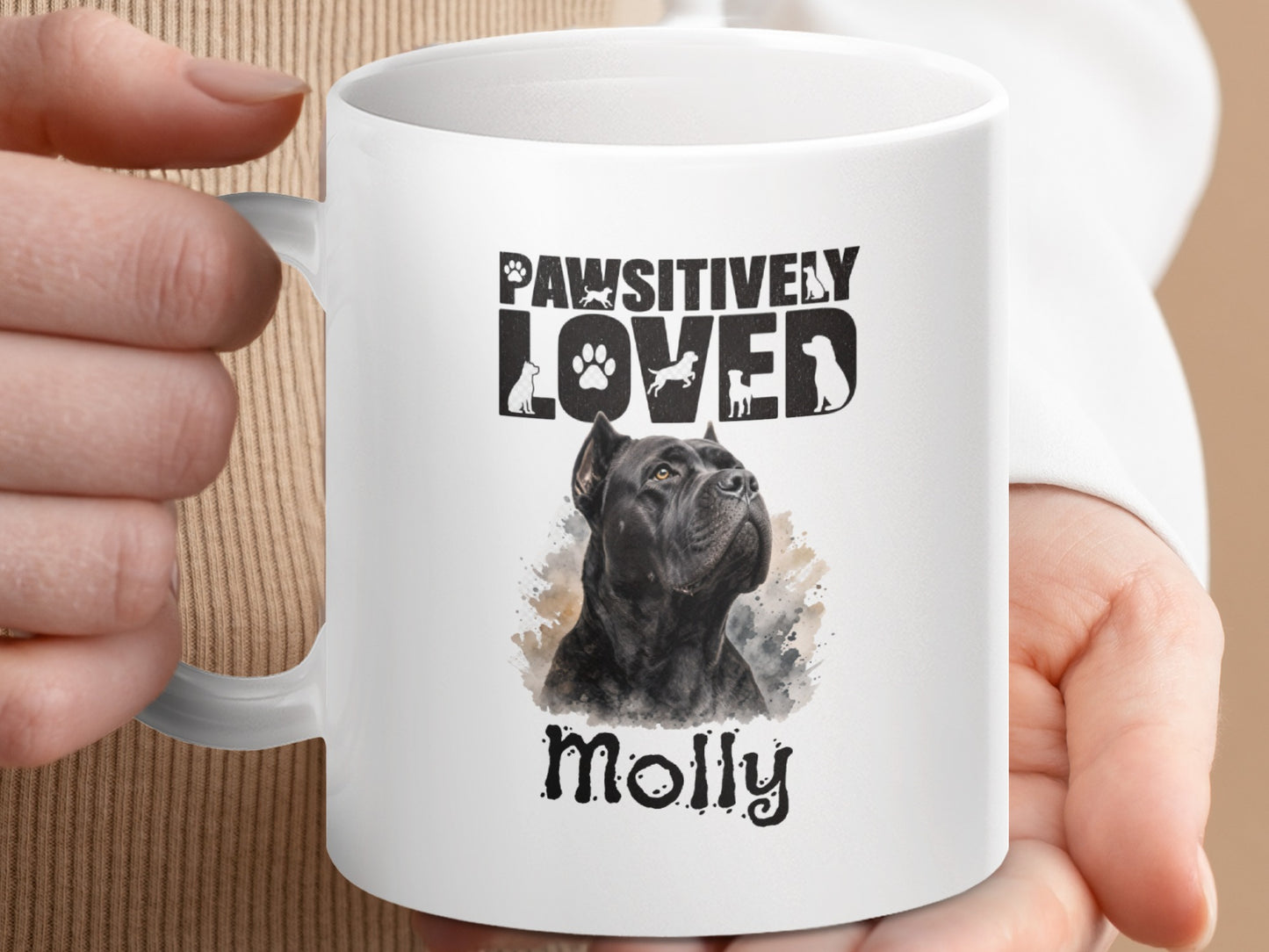 White mug featuring a black dog portrait, "PAWSITIVELY LOVED" text, and the name "Molly."