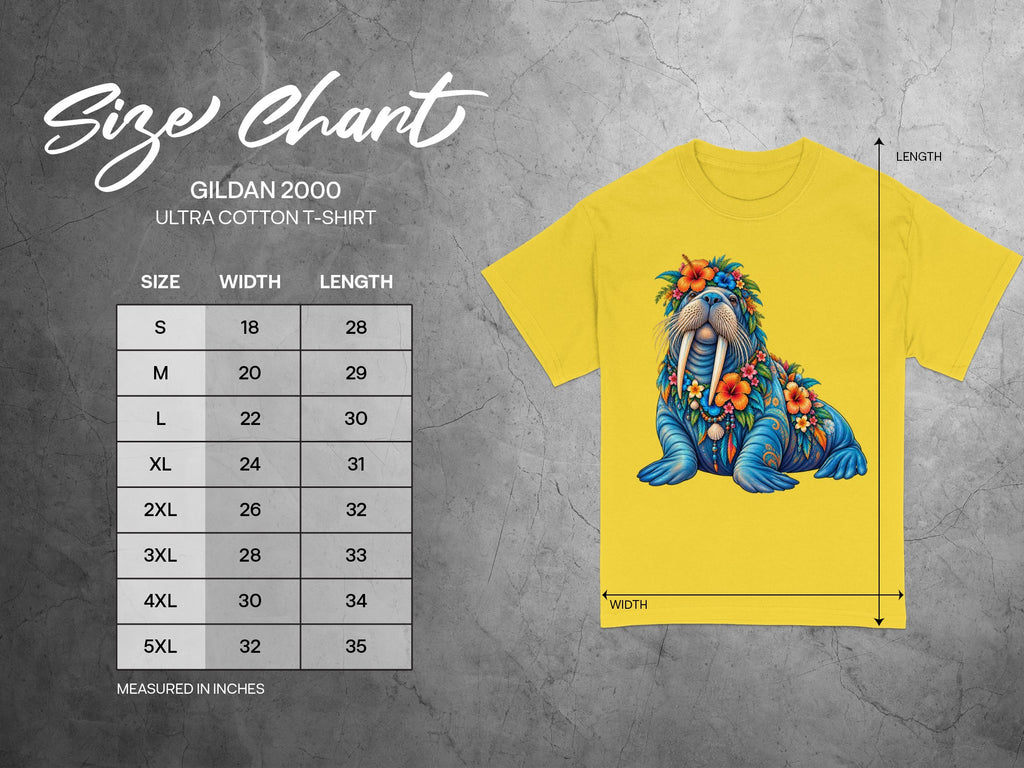 Gildan 2000 Ultra Cotton t-shirt size chart with walrus graphic.
