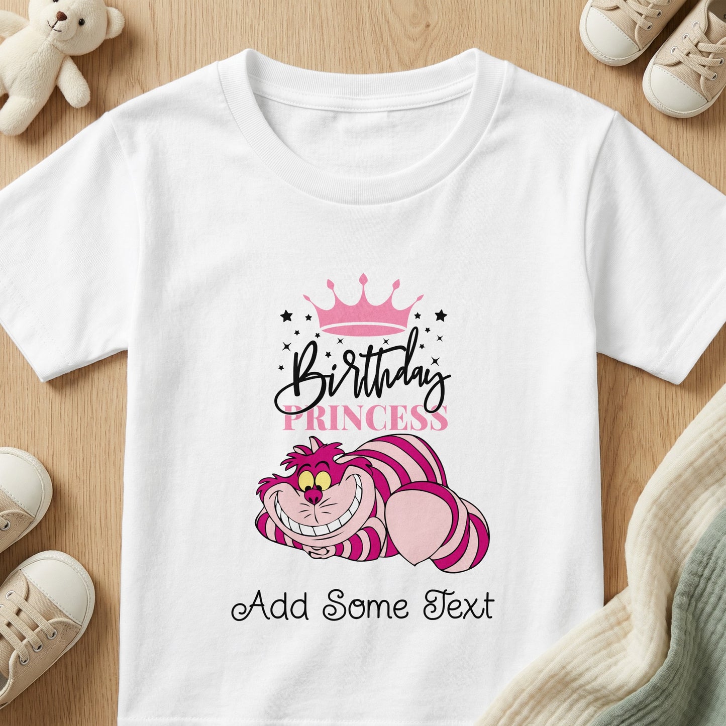 Pink Cheshire Cat with "Birthday Princess" text and customizable text box.
