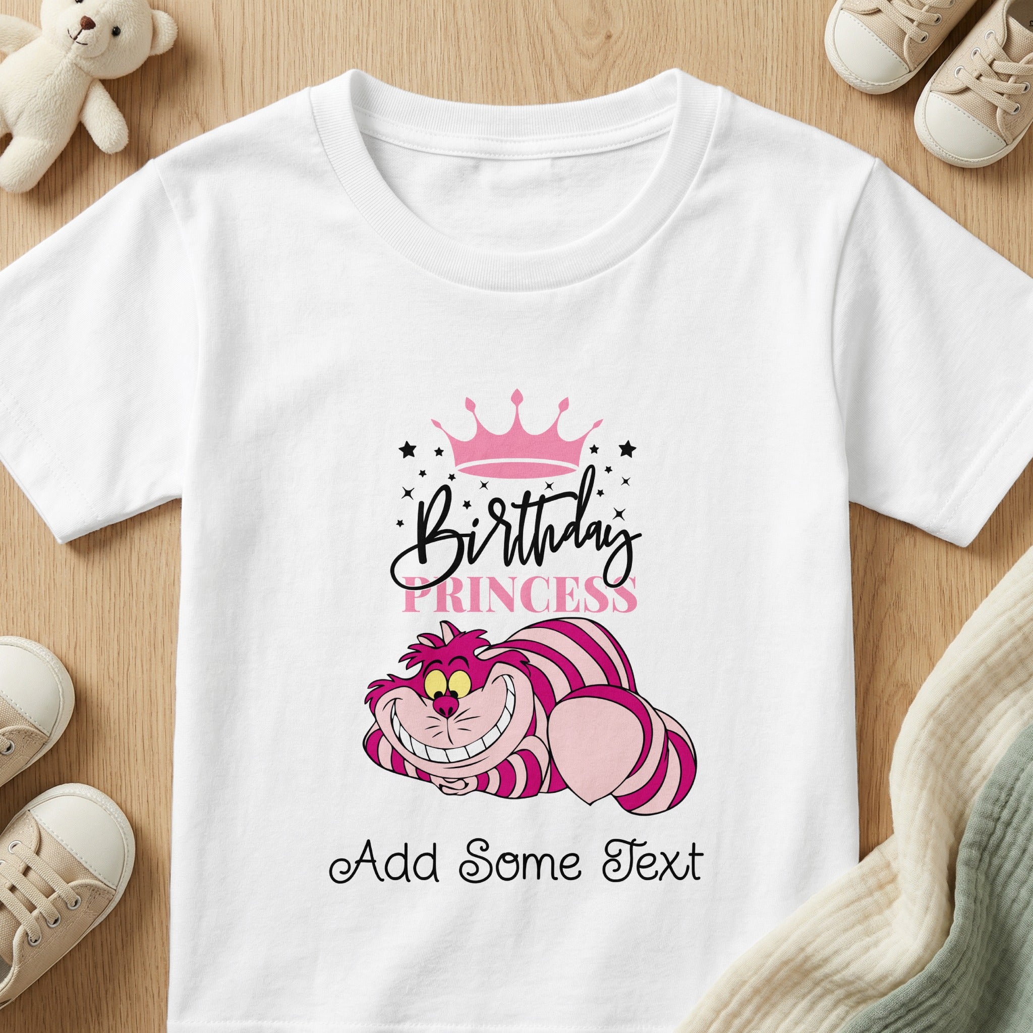 Pink Cheshire Cat with "Birthday Princess" text and customizable text box.