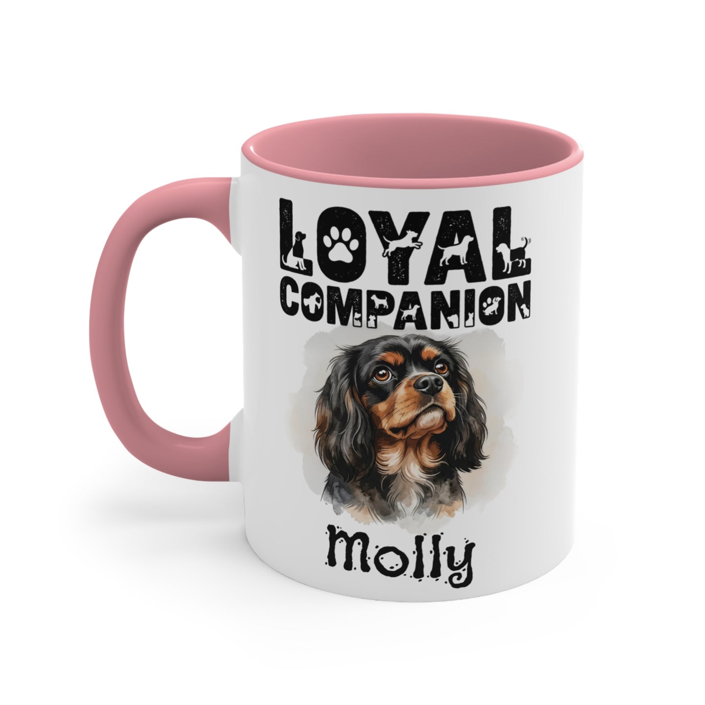 White mug with pink handle featuring a dog portrait and "Loyal Companion Molly".