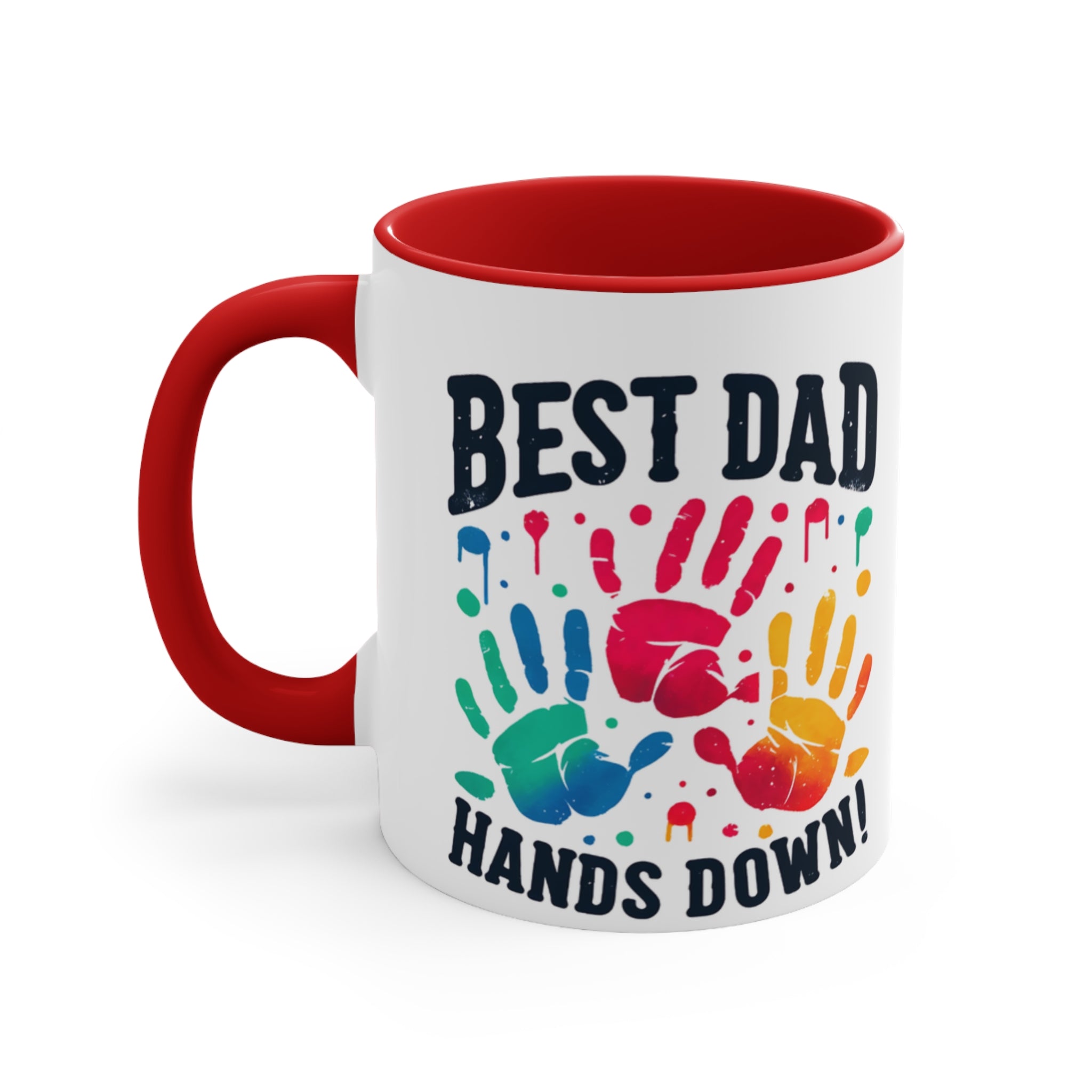 White mug with red rim and handle, "BEST DAD HANDS DOWN!" text and colorful handprints.