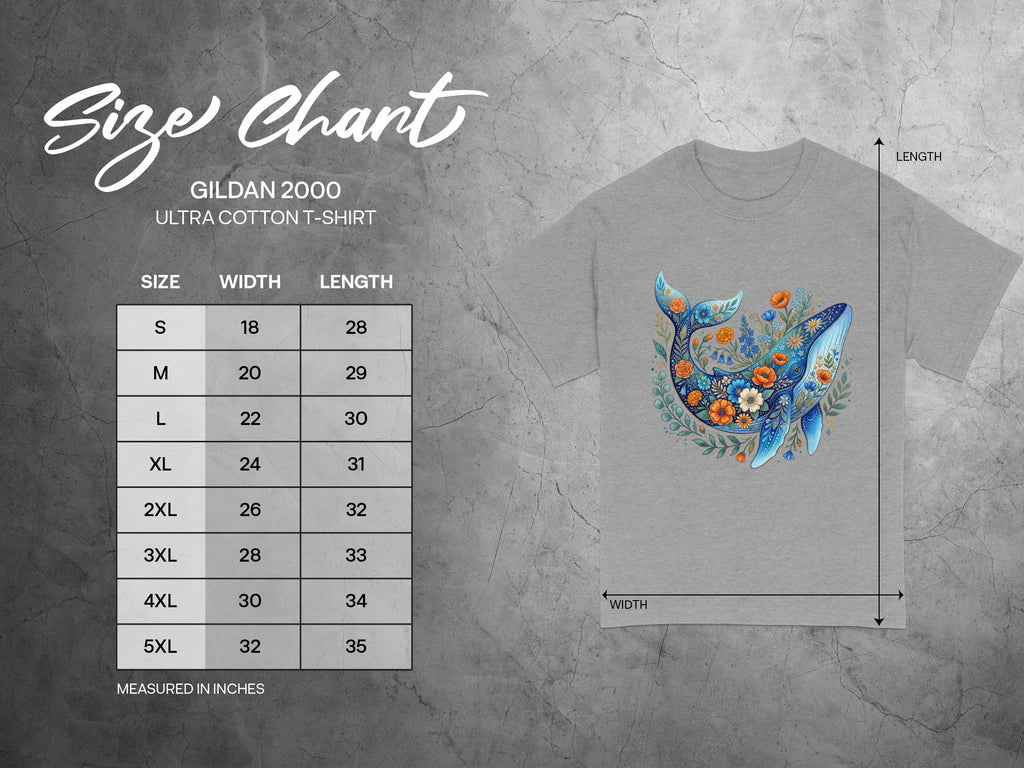 Gildan 2000 Ultra Cotton T-Shirt size chart with whale and floral design.
