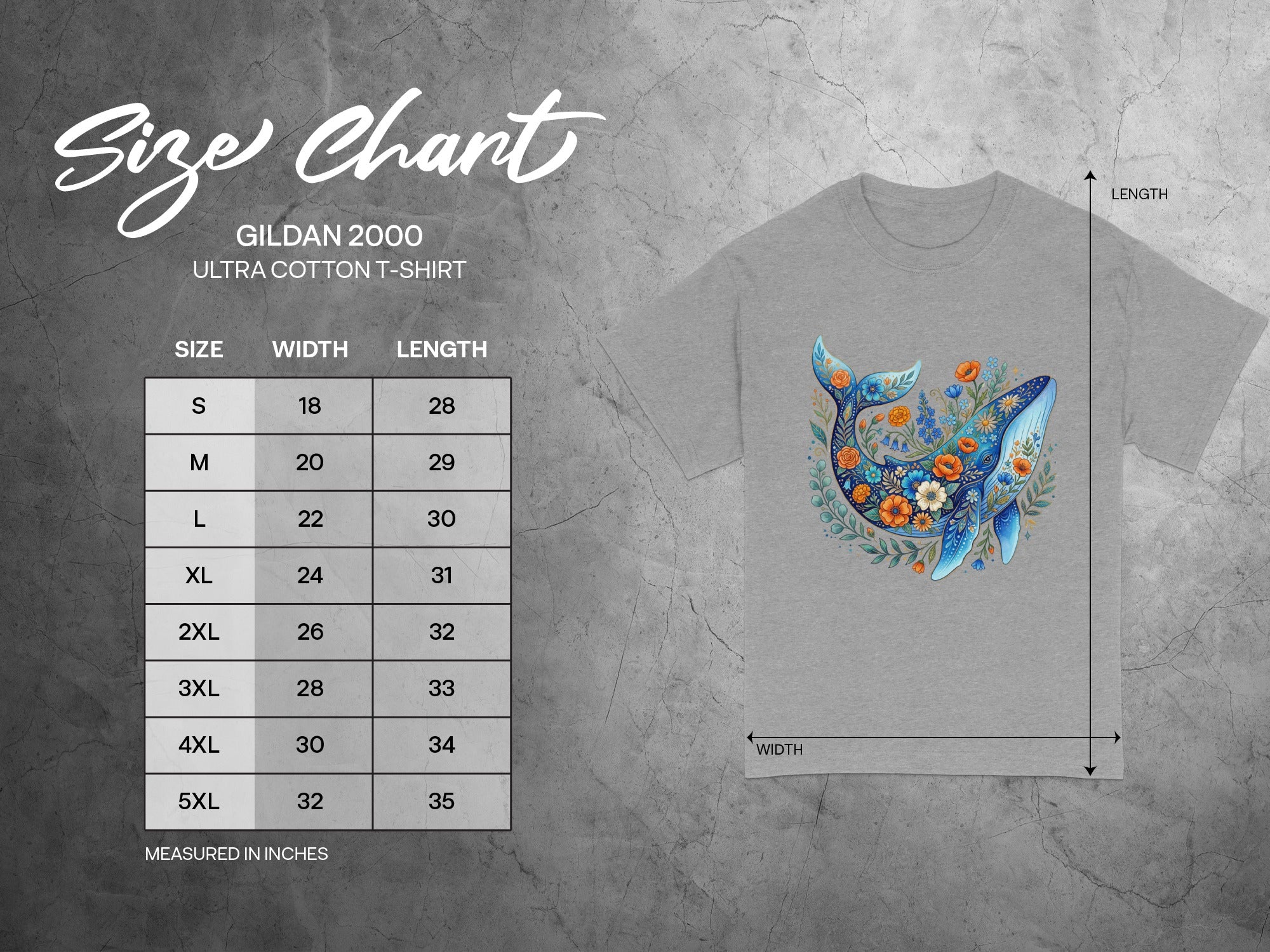 Gildan 2000 Ultra Cotton T-Shirt size chart with whale and floral design.