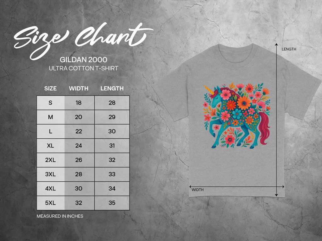 Gildan 2000 Ultra Cotton T-Shirt size chart with unicorn graphic.