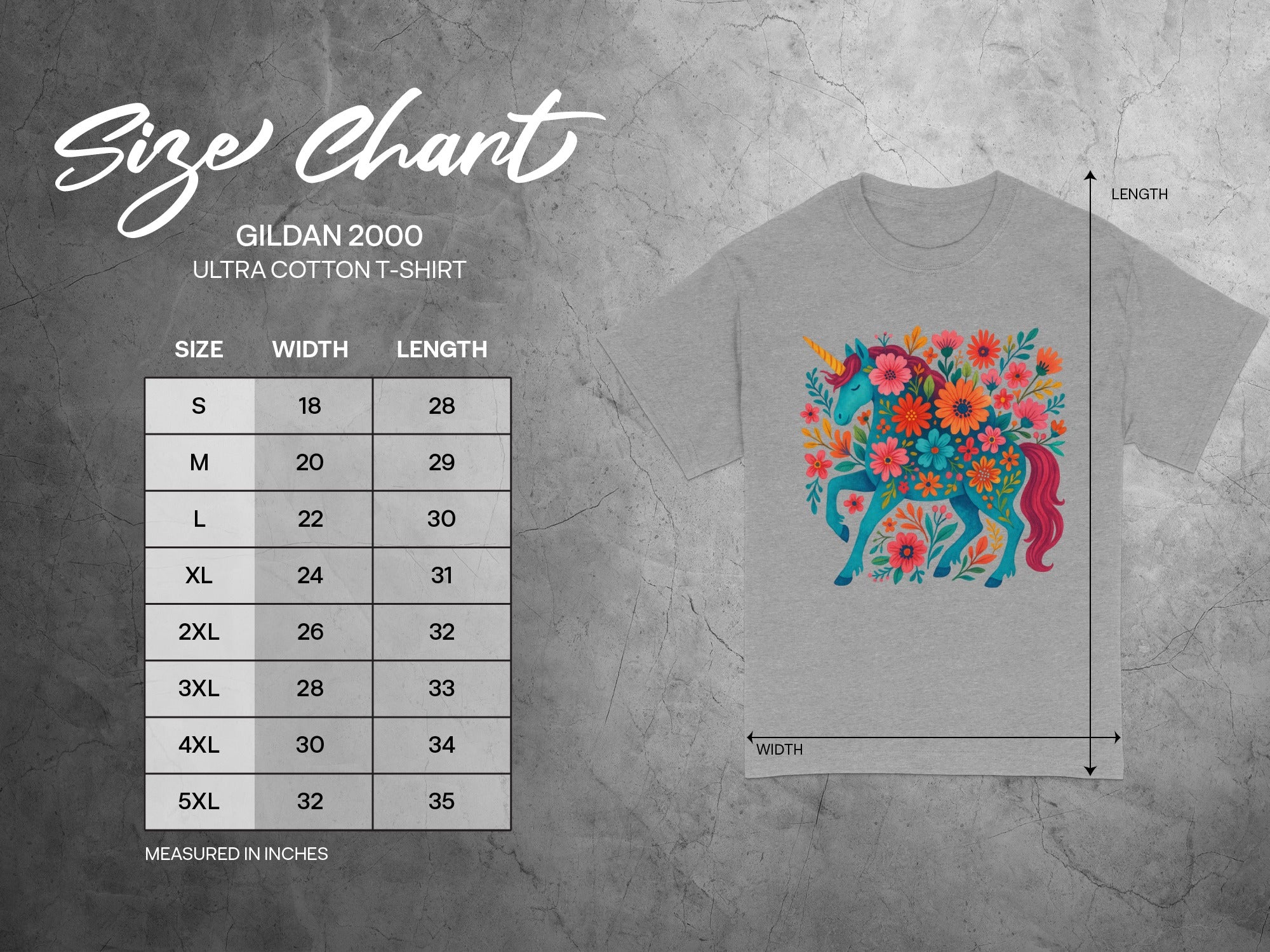 Gildan 2000 Ultra Cotton T-Shirt size chart with unicorn graphic.