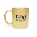 Gold mug with black text "Love has no gender" and a rainbow heart.