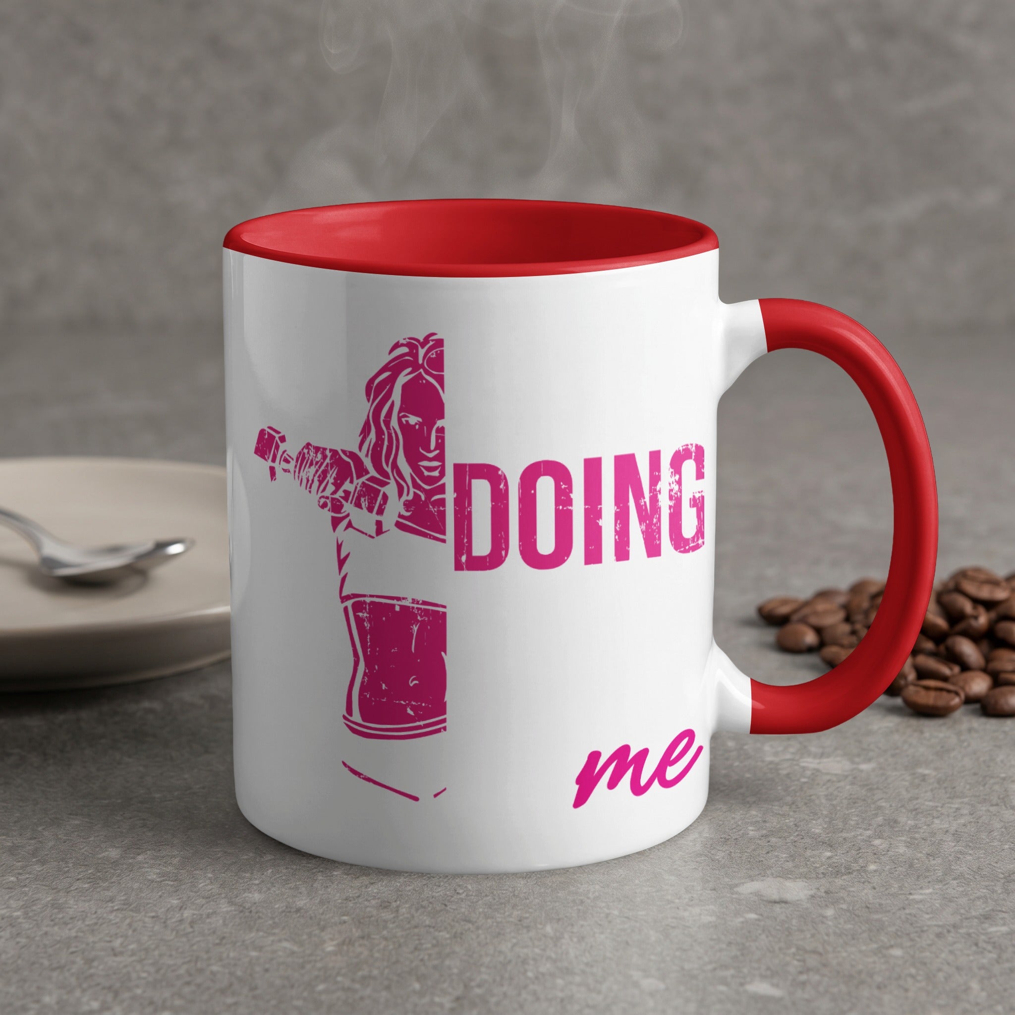 White mug with red handle, text "DOING me".