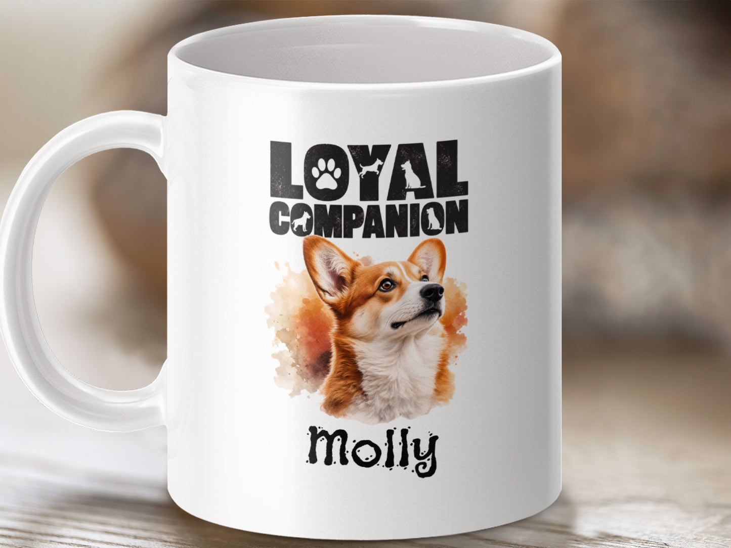 White mug with "Loyal Companion" text, a corgi portrait, and the name "Molly".