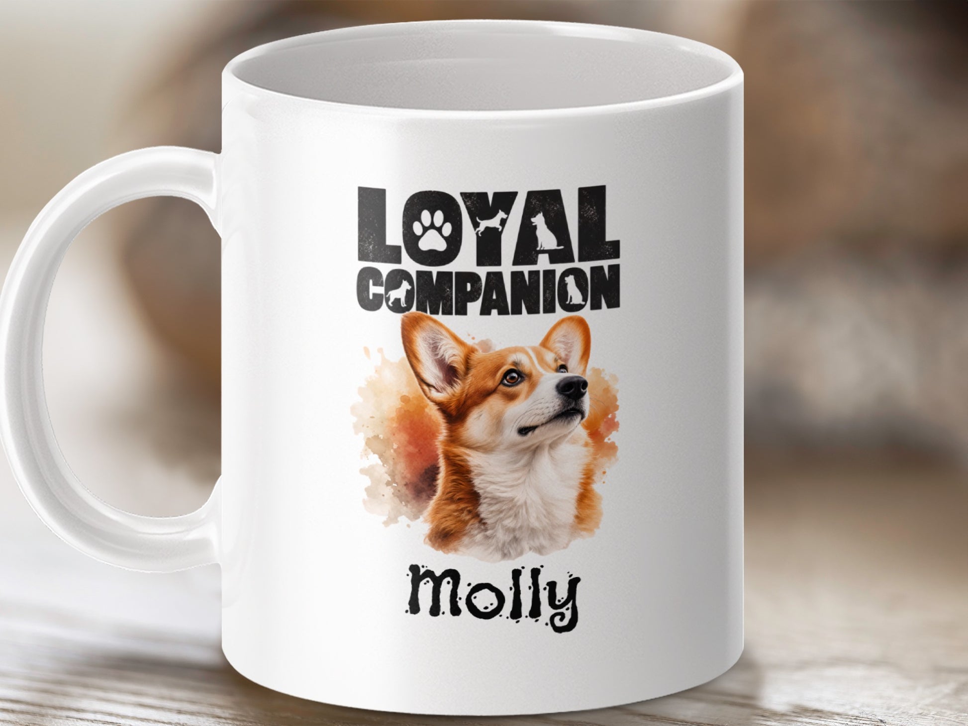 White mug with "Loyal Companion" text, a corgi portrait, and the name "Molly".