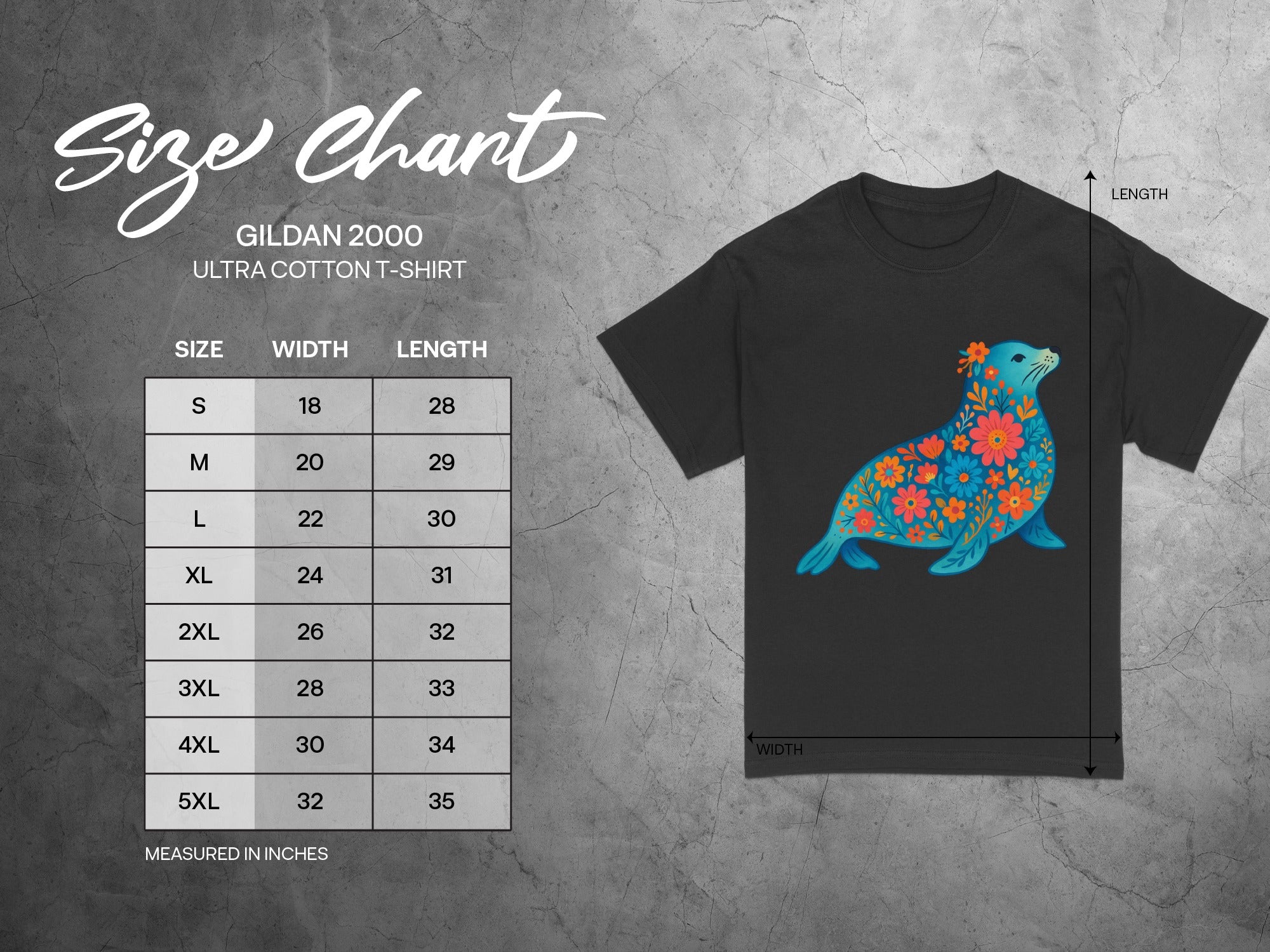 Gildan 2000 Ultra Cotton t-shirt size chart with floral seal graphic.