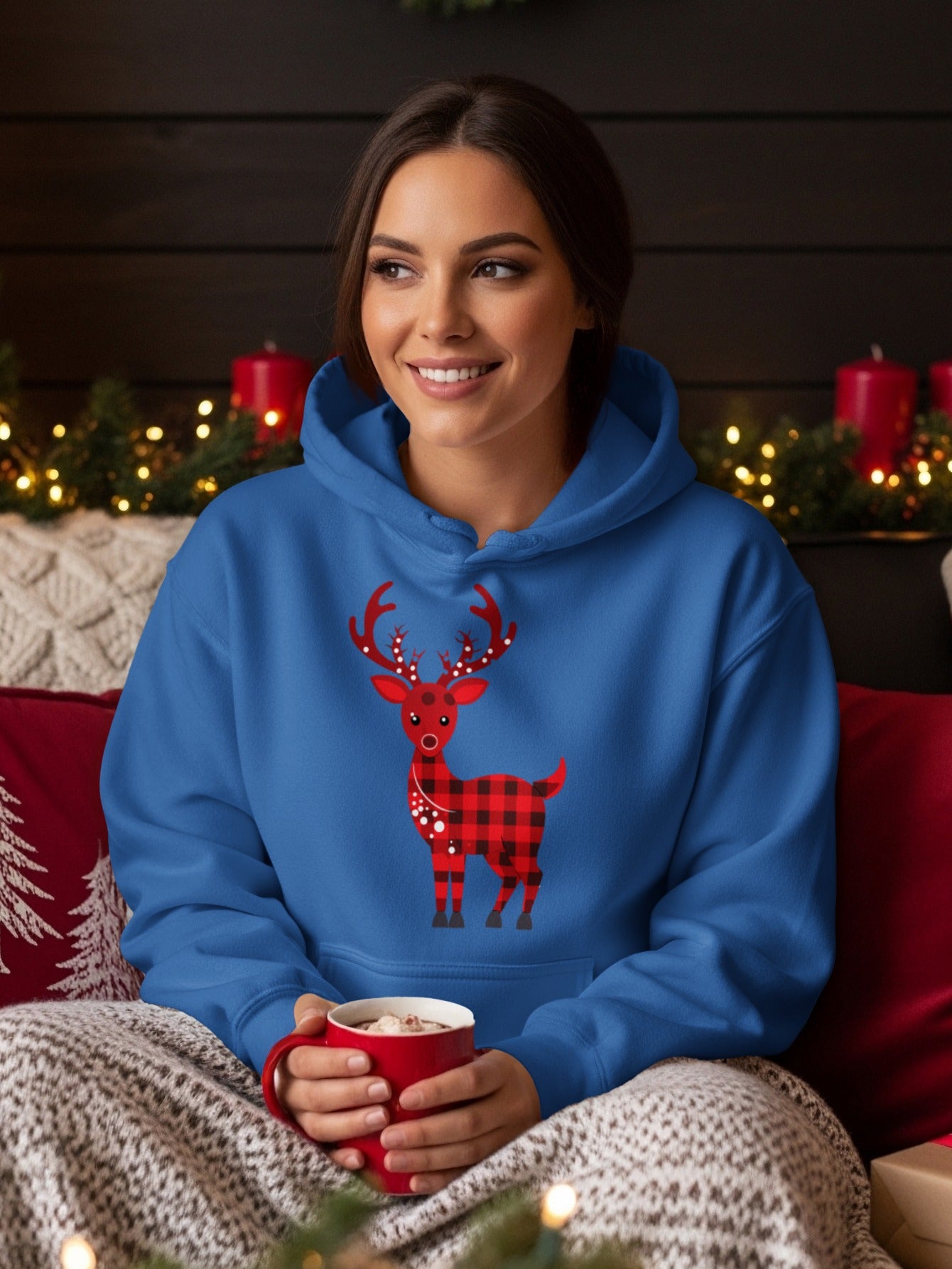 Festive Reindeer Checkered Hoodie Ideal for Holidays