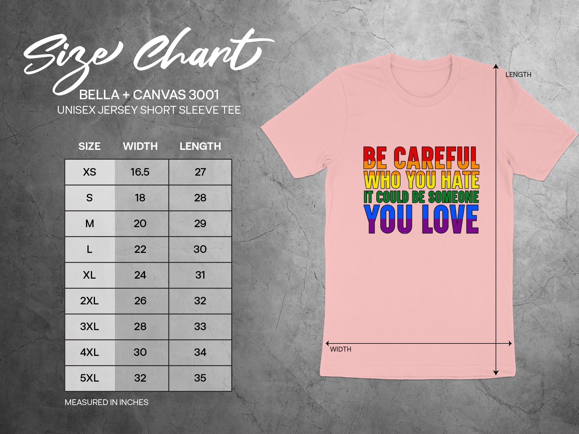 Size chart for Bella + Canvas 3001 unisex tee with width and length measurements.