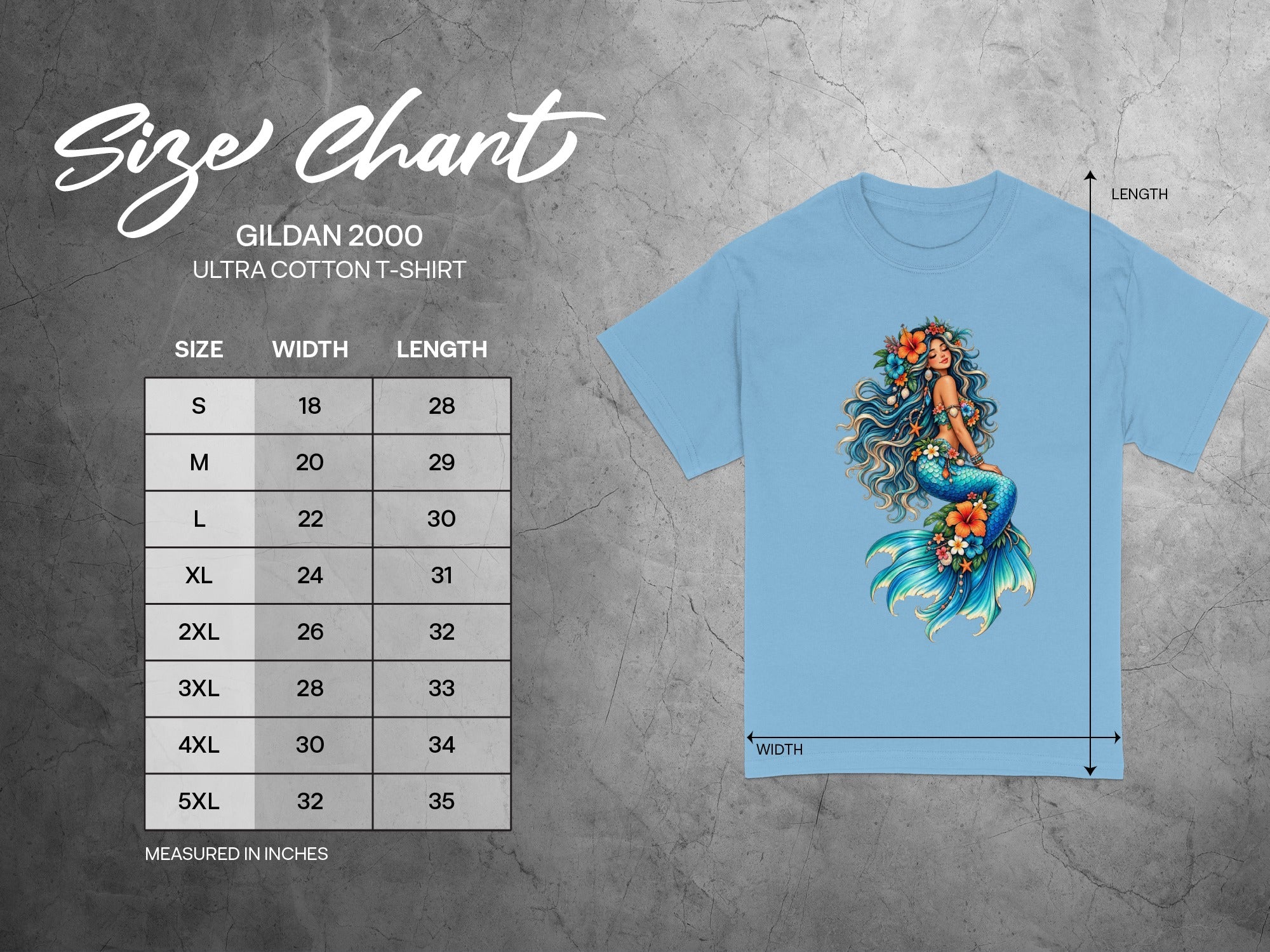 Gildan 2000 t-shirt size chart with width and length measurements in inches.