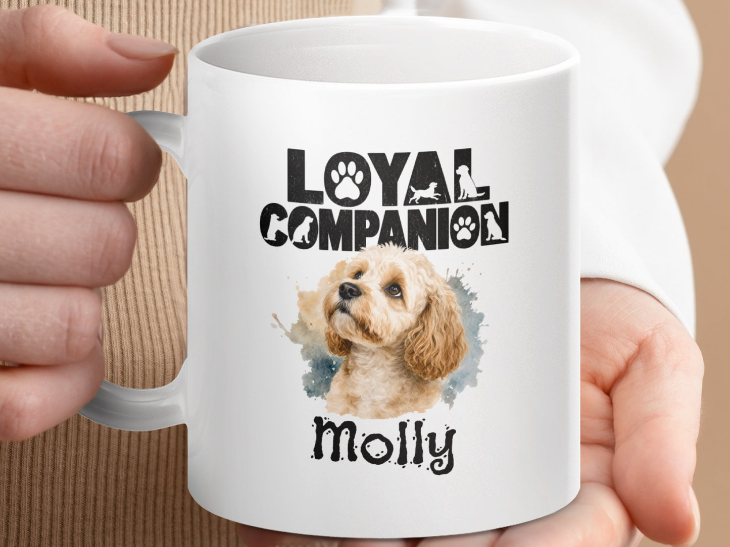 Mug featuring "Loyal Companion" text and a watercolor portrait of a dog named Molly.