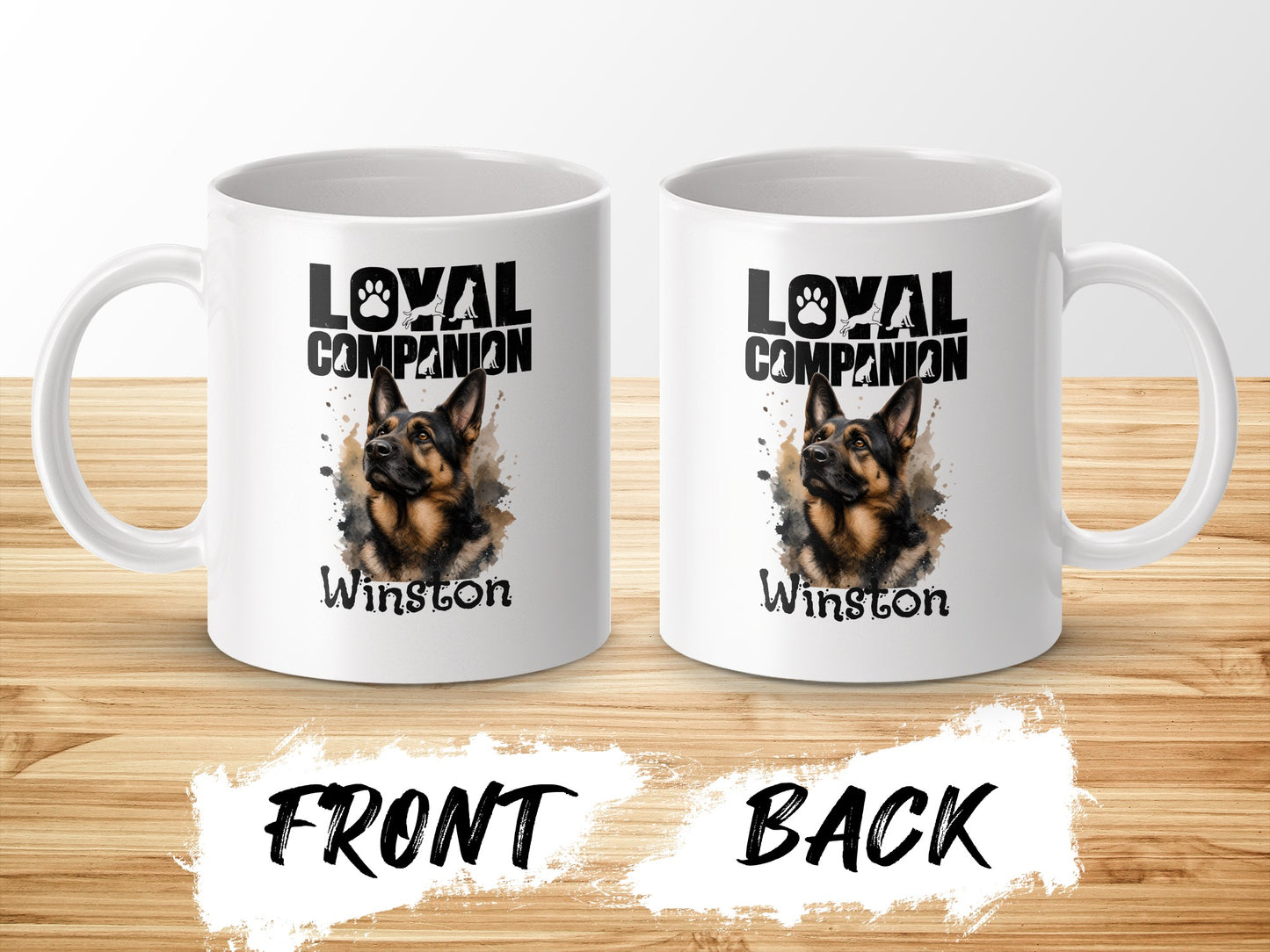 Two white mugs with "Loyal Companion Winston" and German Shepherd art.