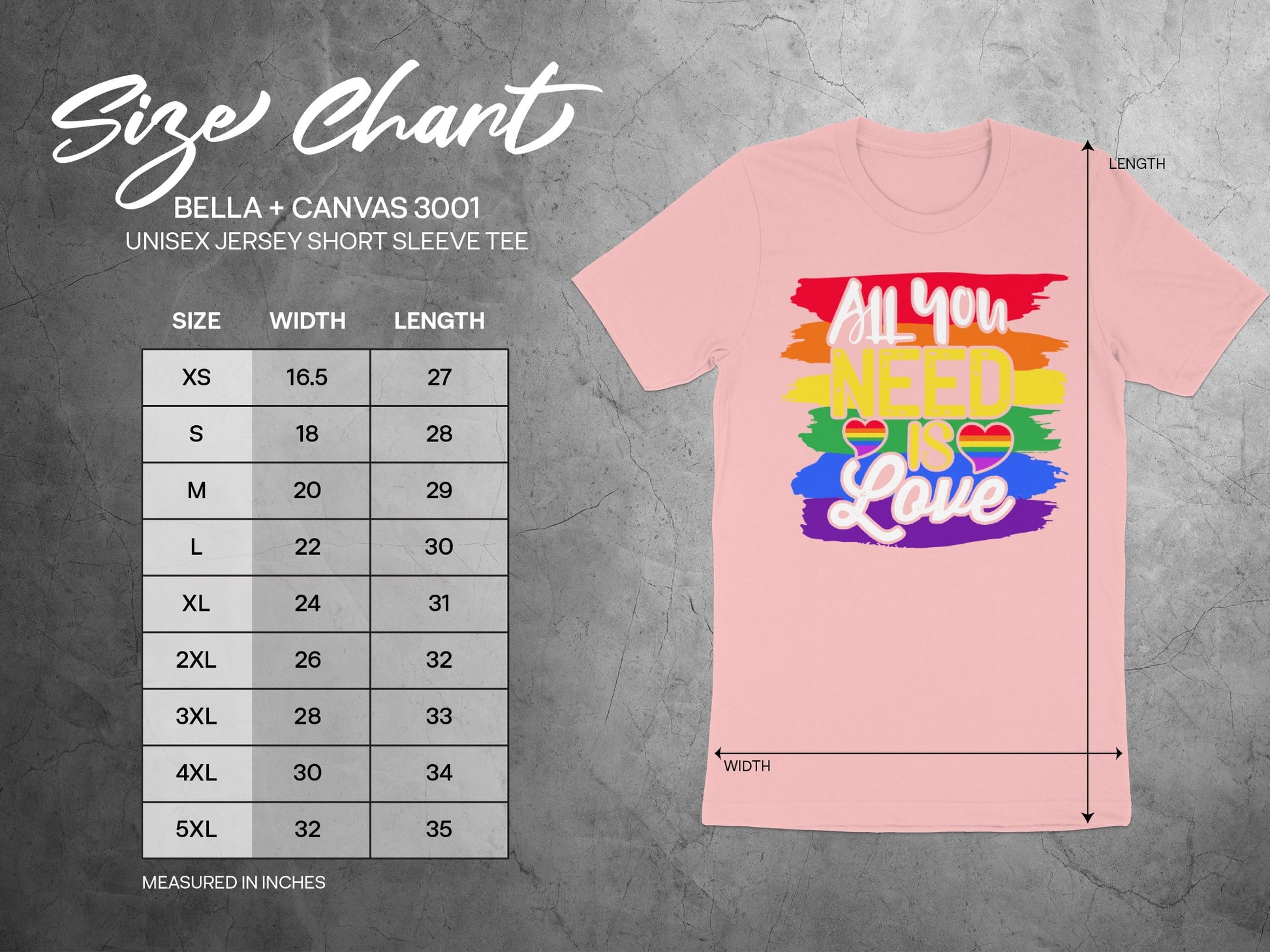 Size chart for Bella + Canvas 3001 Unisex Jersey Short Sleeve Tee.