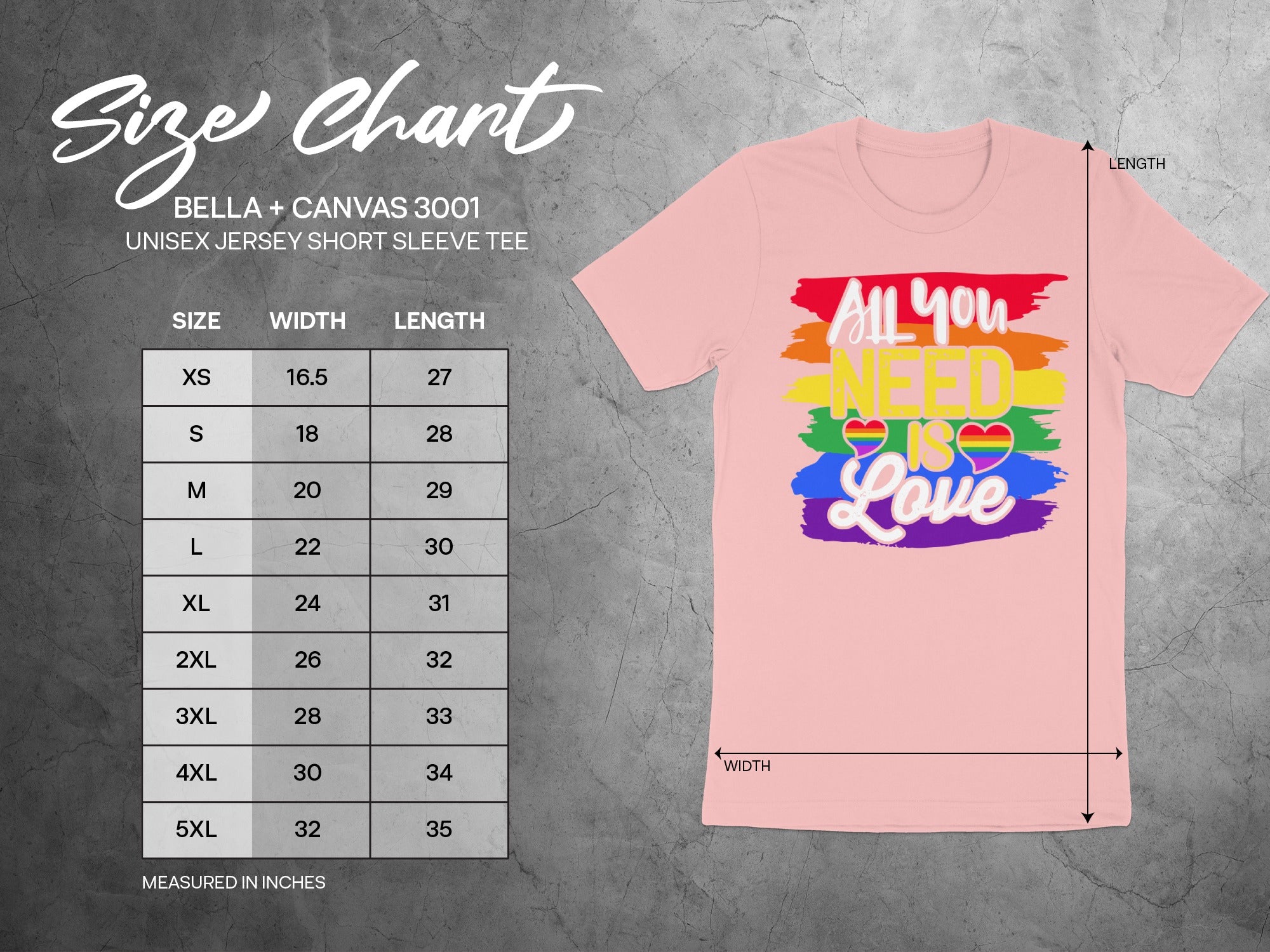 Size chart for Bella + Canvas 3001 Unisex Jersey Short Sleeve Tee.
