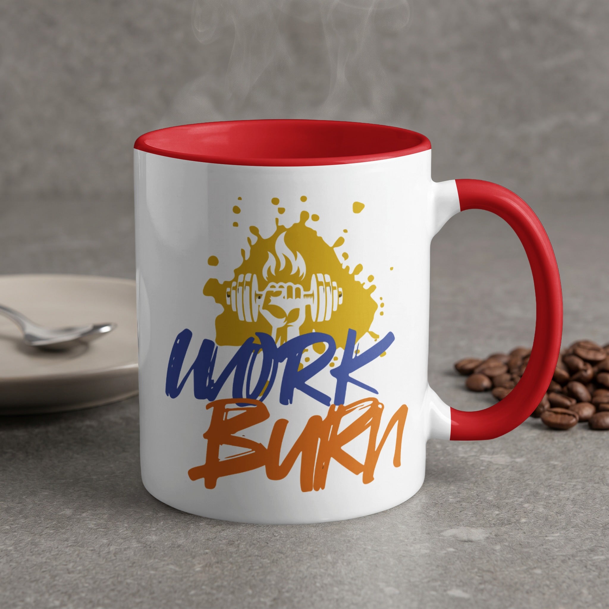 White mug with red handle, "WORK BURN" text, and dumbbell graphic.