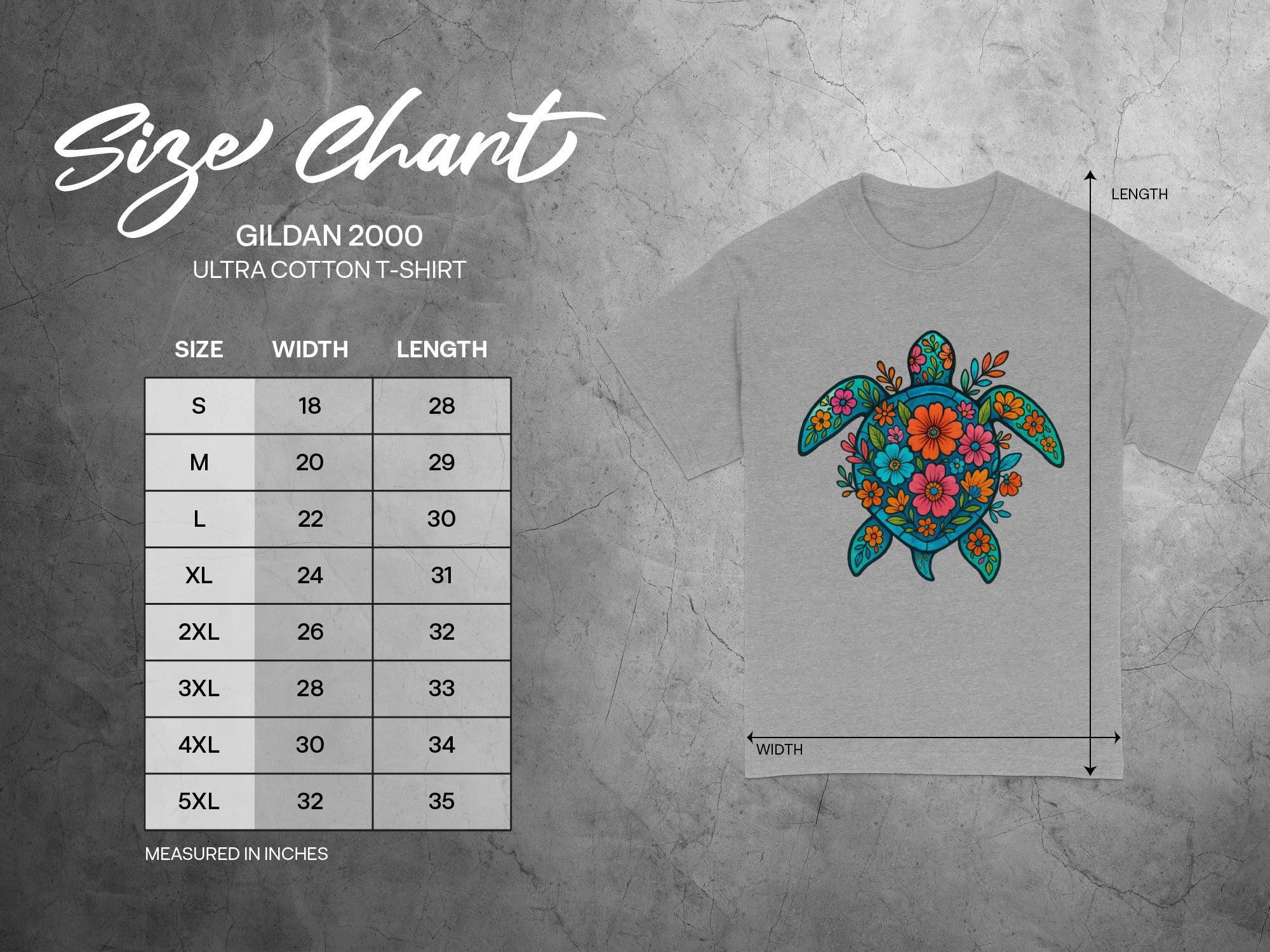 Gildan 2000 t-shirt size chart with floral sea turtle graphic.