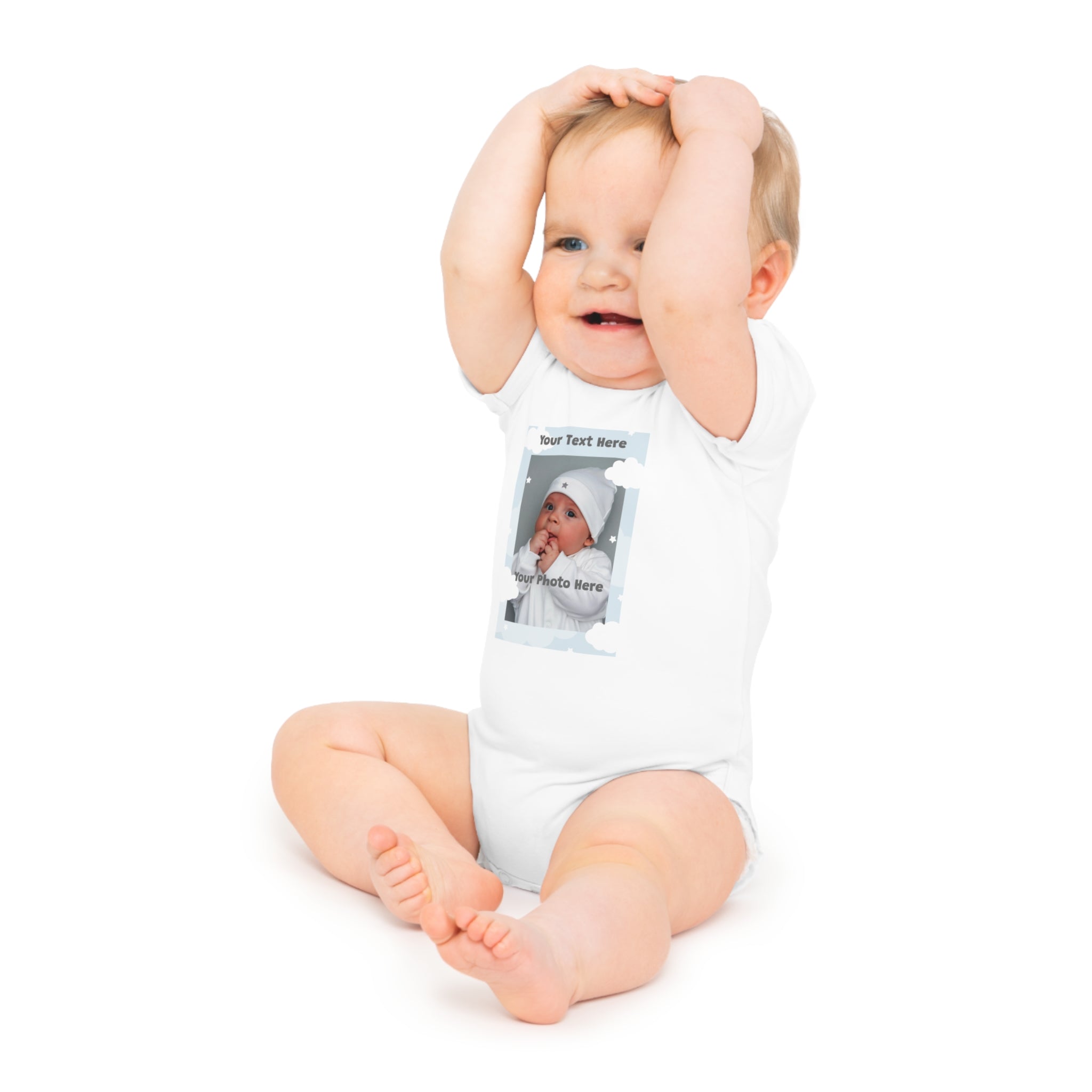 White baby onesie with a customizable picture frame and text area.