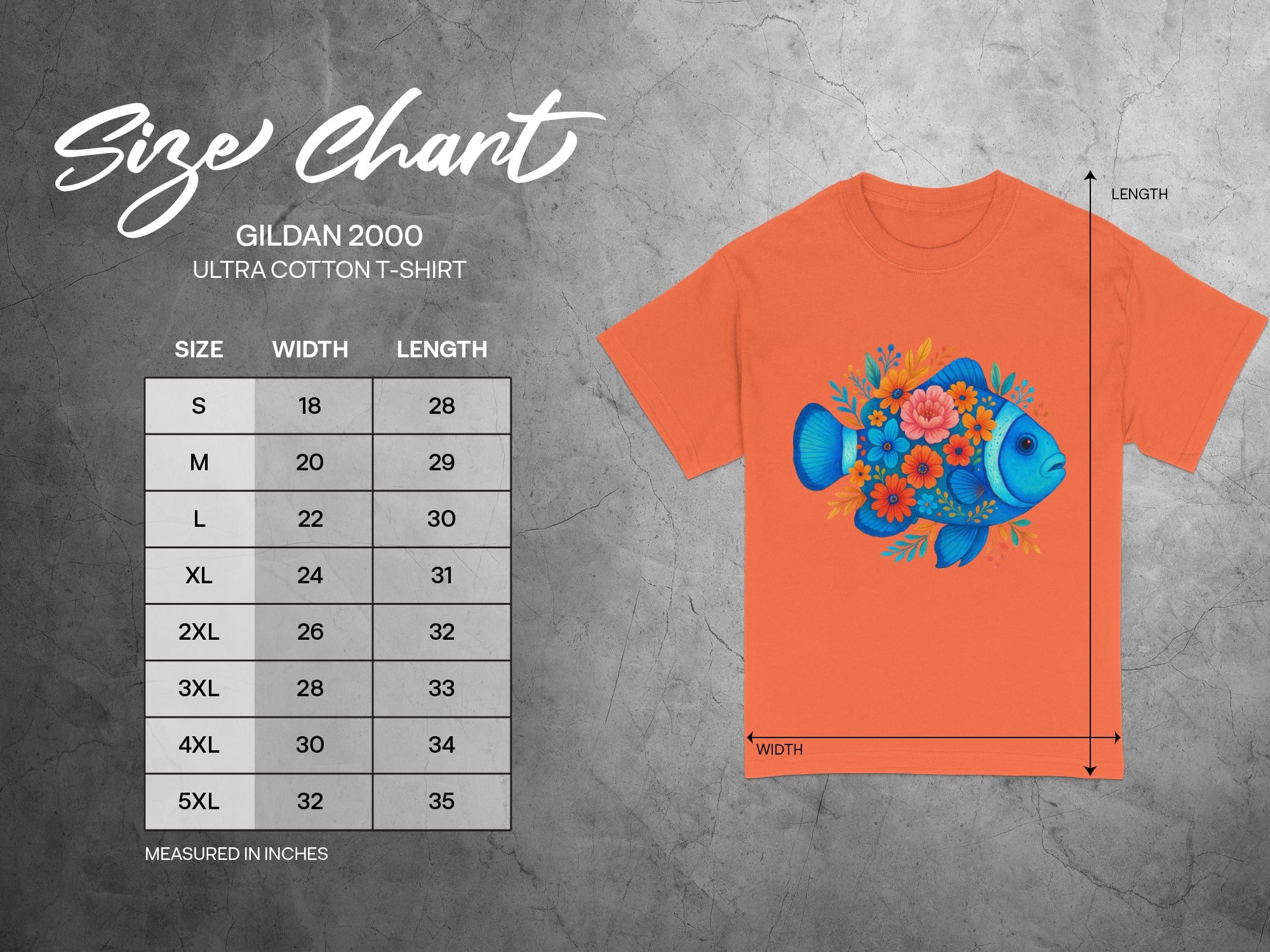 Gildan 2000 size chart for ultra cotton t-shirts with width and length measurements.