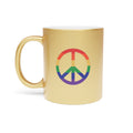 Gold mug with a rainbow peace symbol.