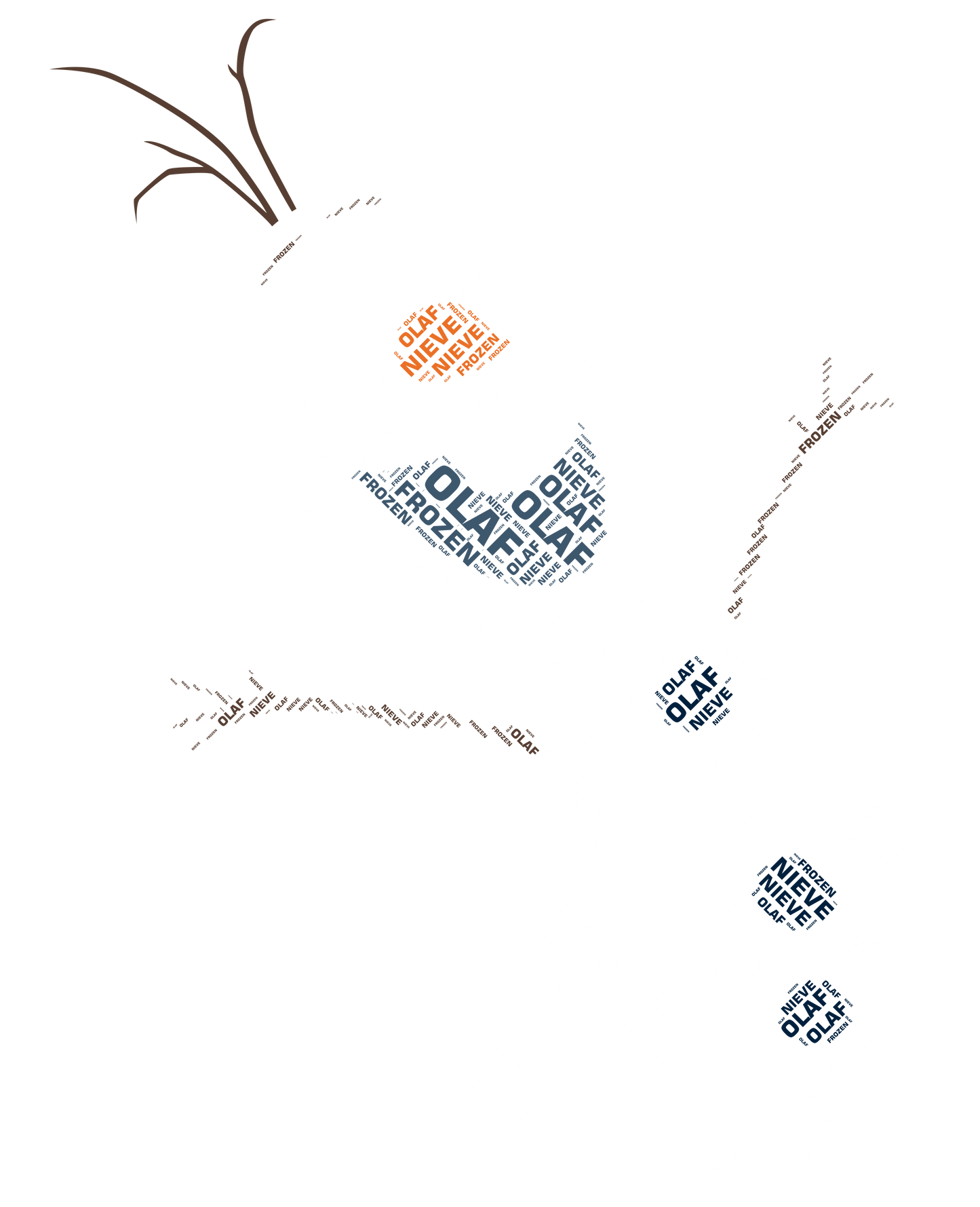 Olaf shape made of word art with text "Olaf," "Nieve," and "Frozen."