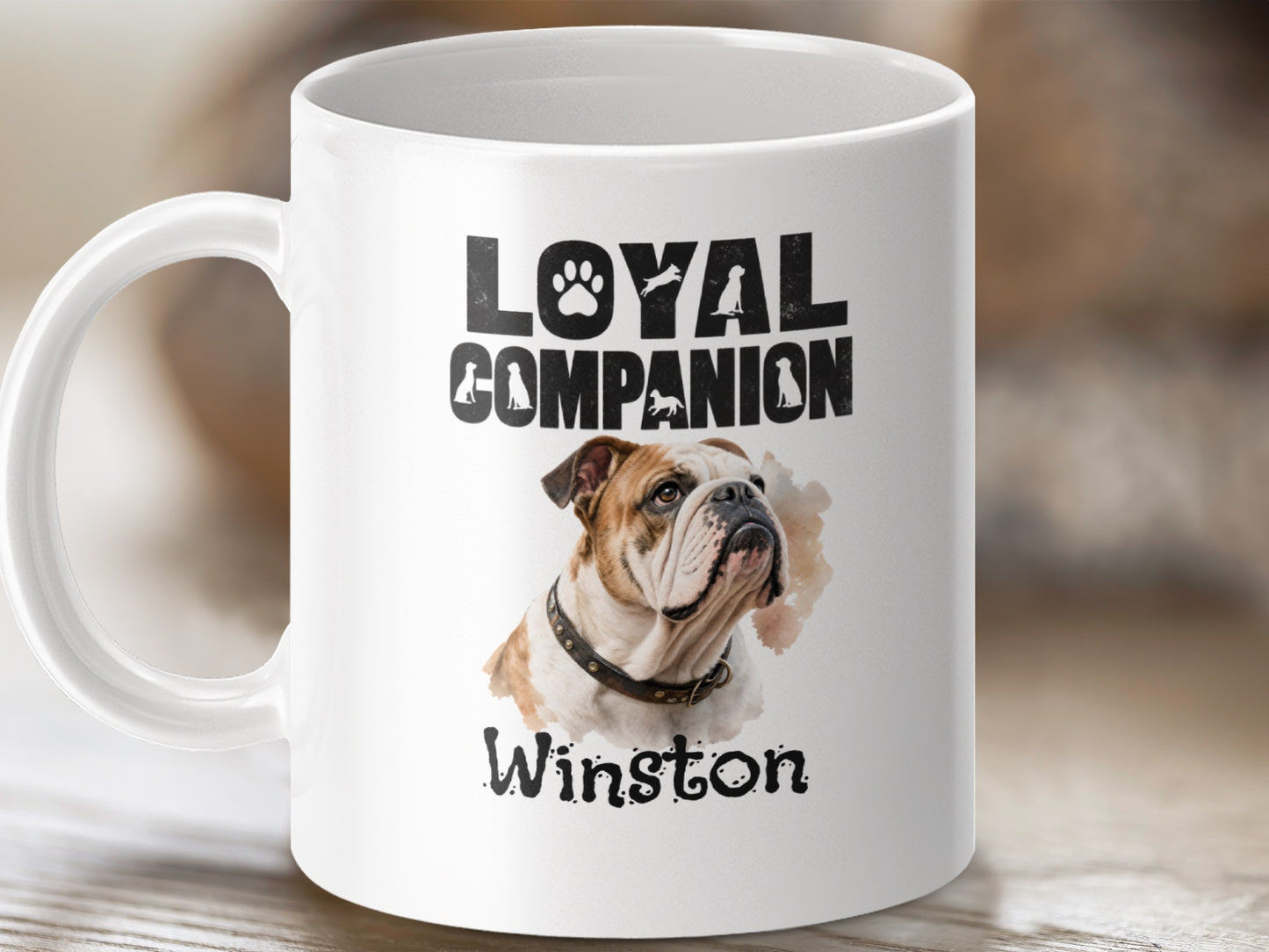 White mug with bulldog illustration, the words "Loyal Companion" and "Winston".