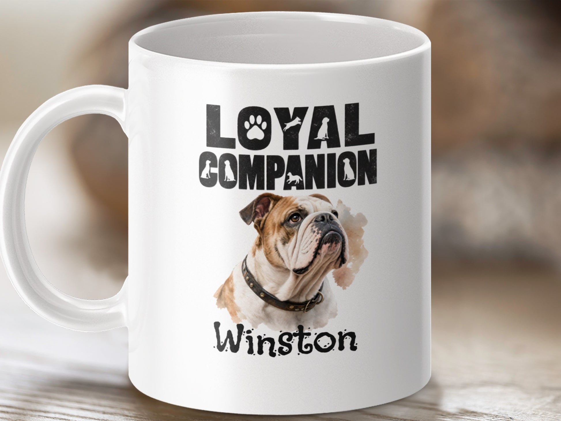 White mug with bulldog illustration, the words "Loyal Companion" and "Winston".