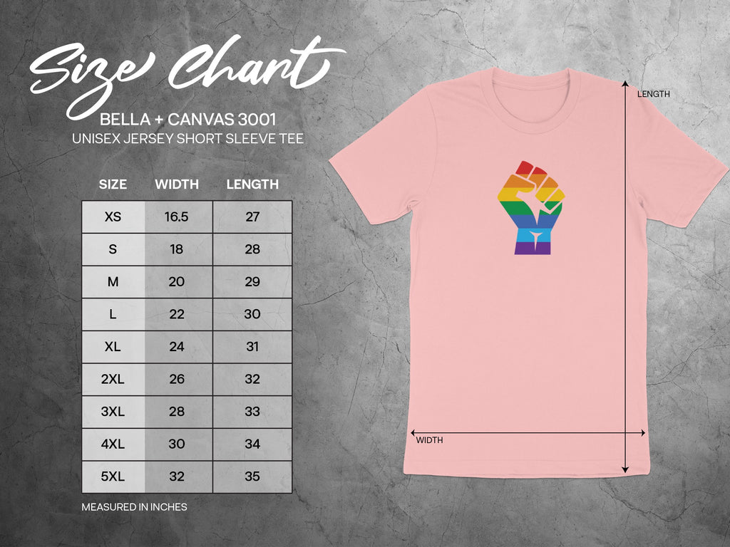 Size chart for Bella + Canvas 3001 unisex tees, with width and length in inches.
