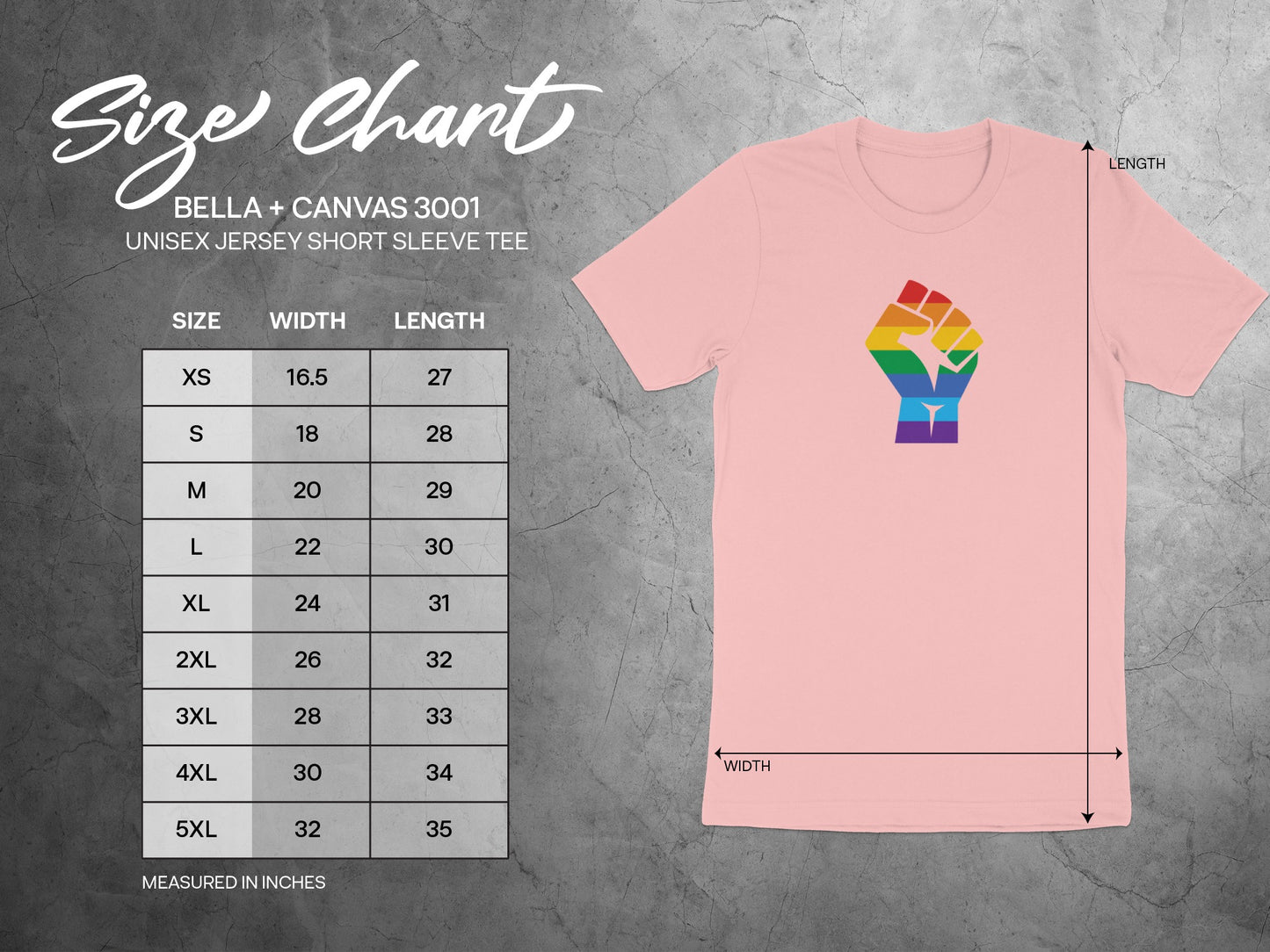 Size chart for Bella + Canvas 3001 unisex tees, with width and length in inches.