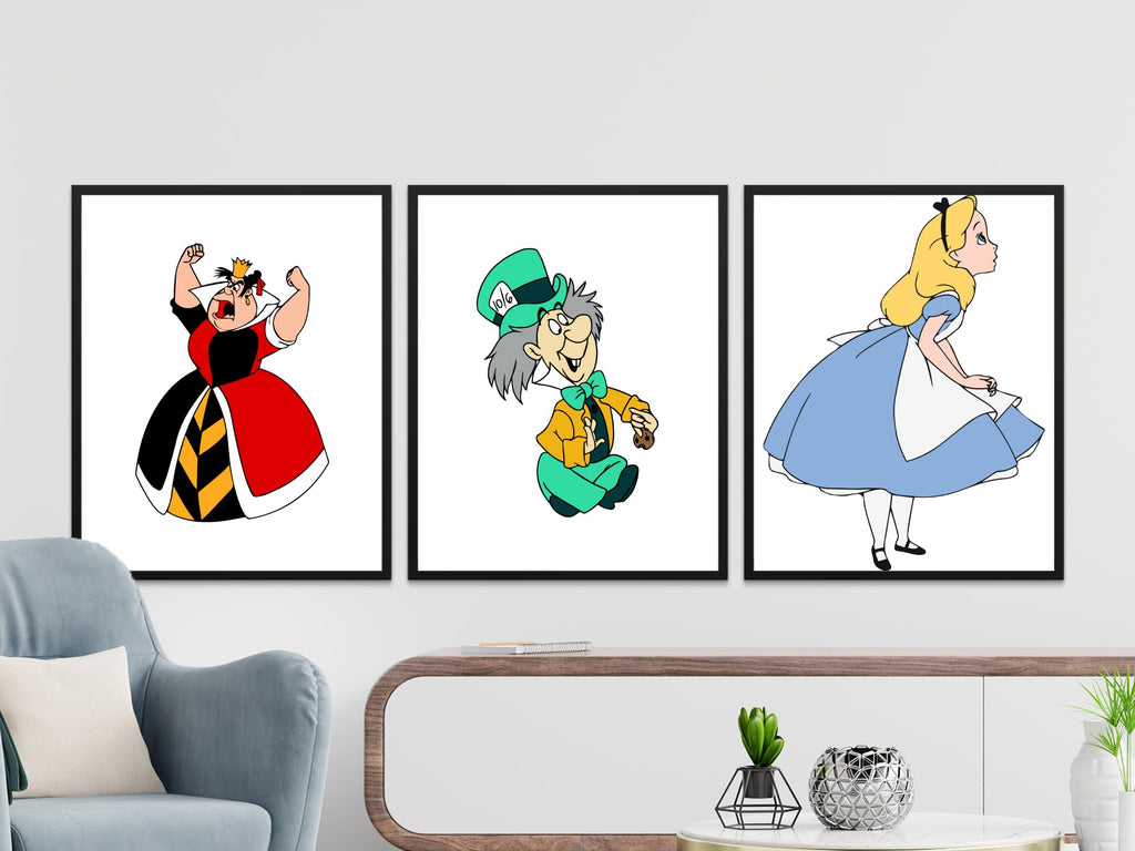 Framed prints of the Queen of Hearts, Mad Hatter, and Alice in Wonderland characters.
