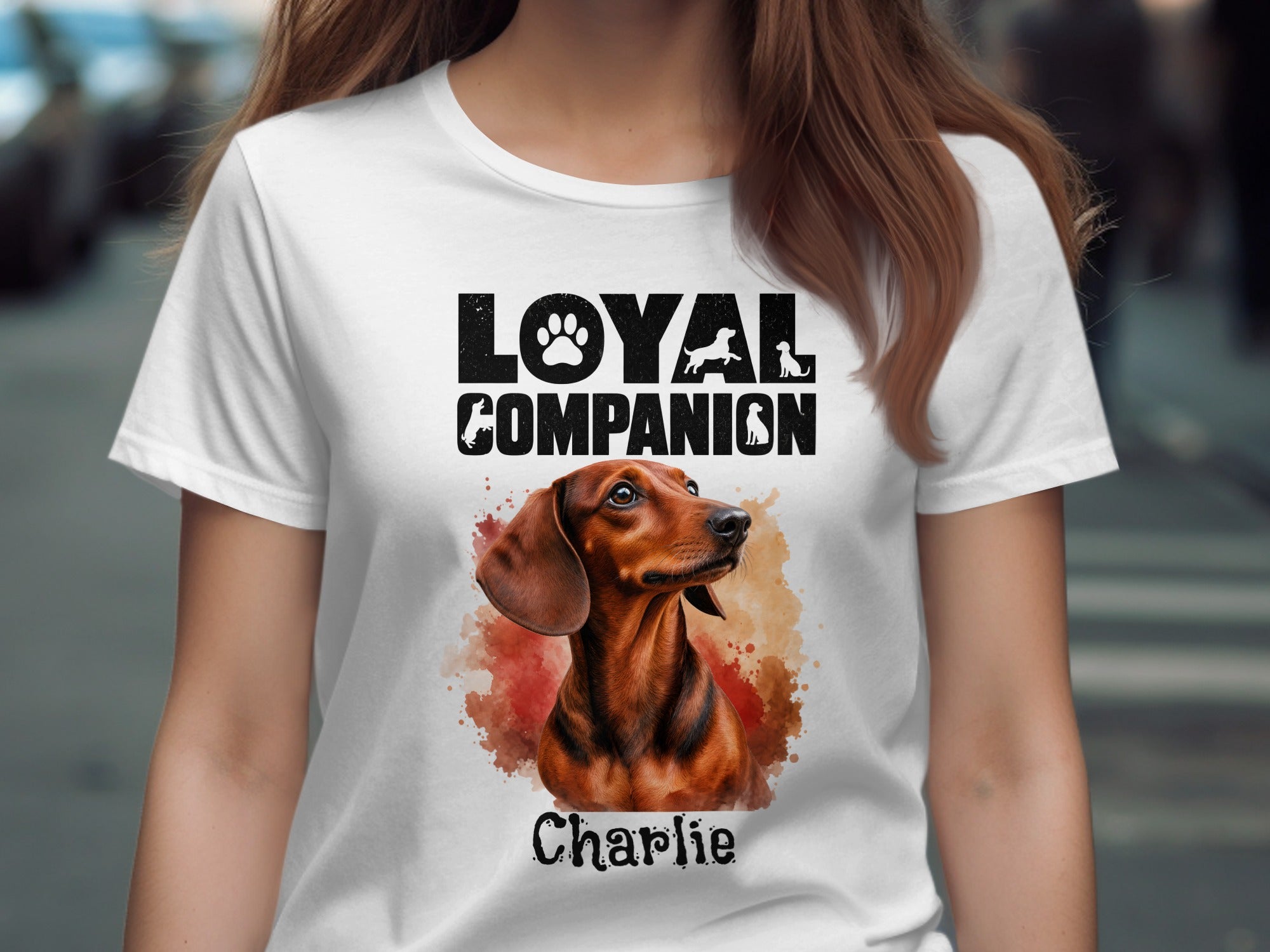 T-shirt with "Loyal Companion" text and a dachshund named Charlie.