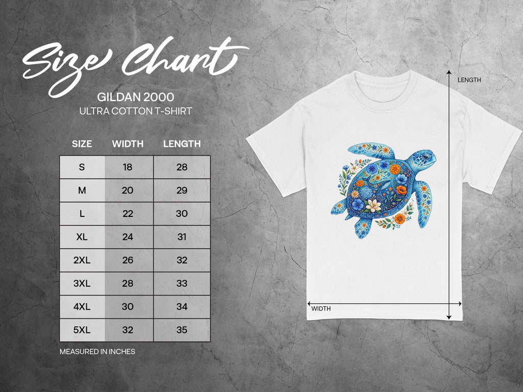 Gildan 2000 Ultra Cotton T-Shirt size chart with width and length measurements in inches.