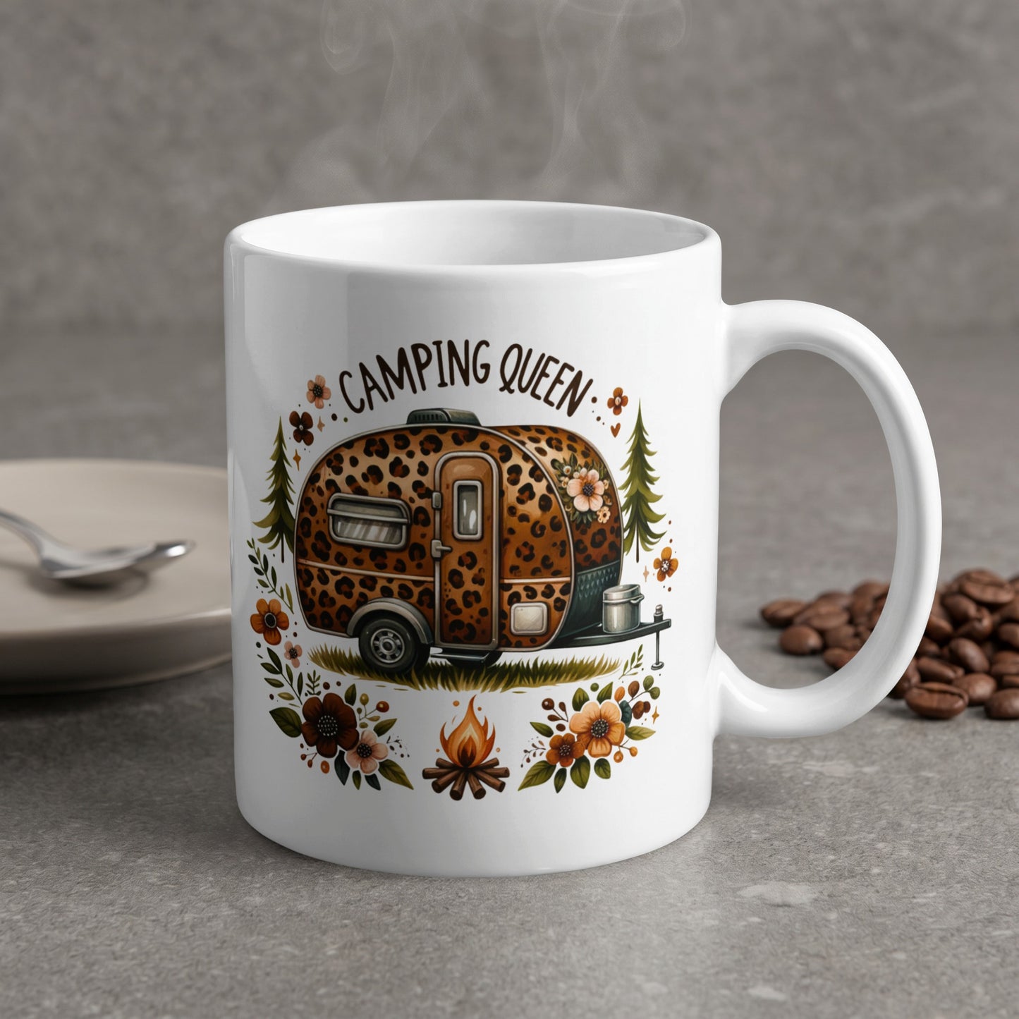 White mug with leopard print camper graphic and "CAMPING QUEEN" text.