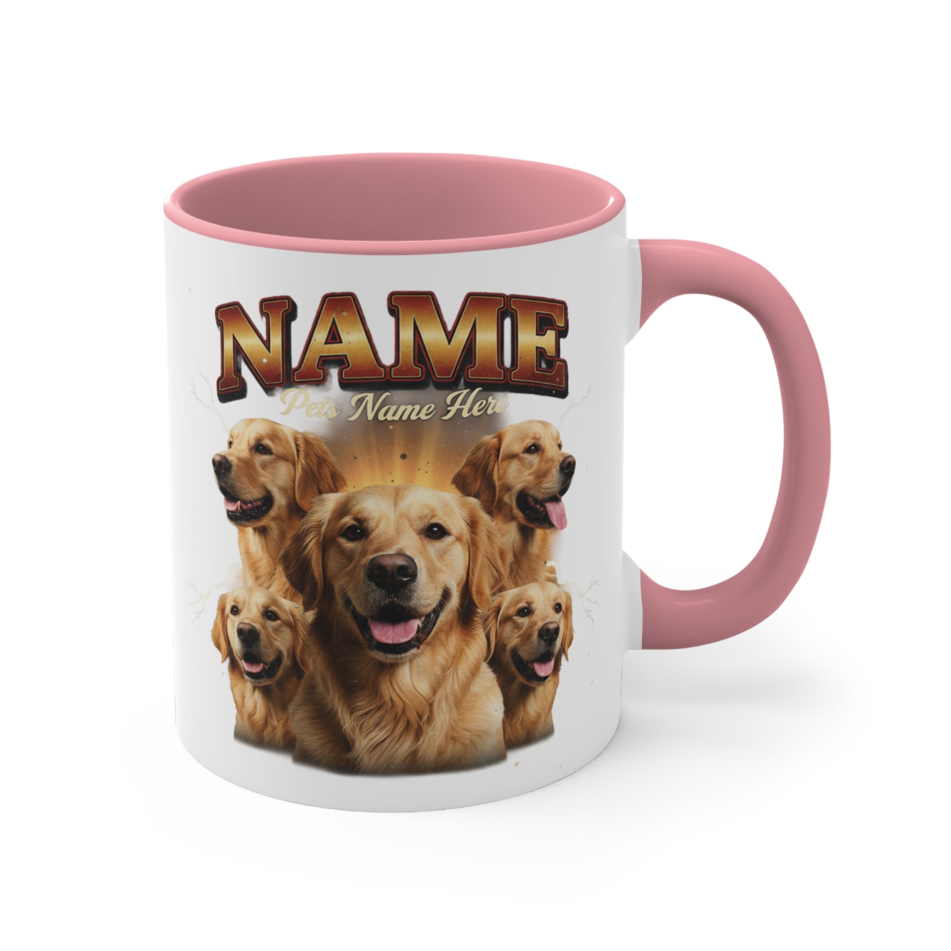 Mug with five Golden Retriever portraits and customizable text "NAME" and "Pet's Name Here".