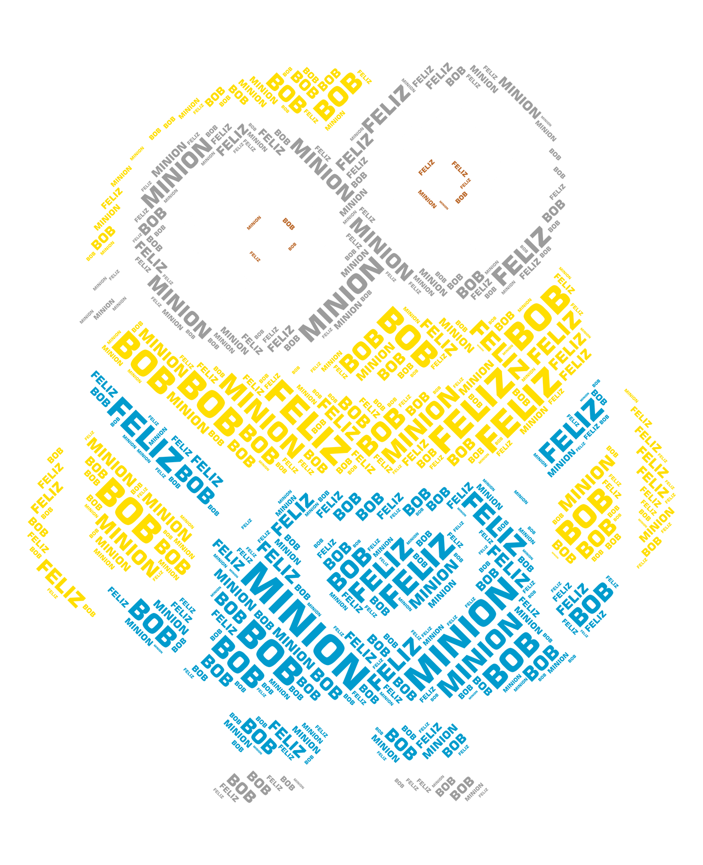 Word art shaped like Bob from Minions, with words "BOB", "MINION", and "FELIZ" in yellow, blue, and gray.