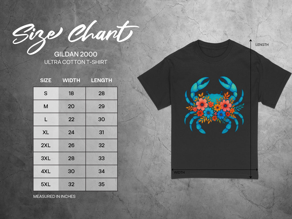 Gildan 2000 Ultra Cotton t-shirt size chart with floral crab graphic.