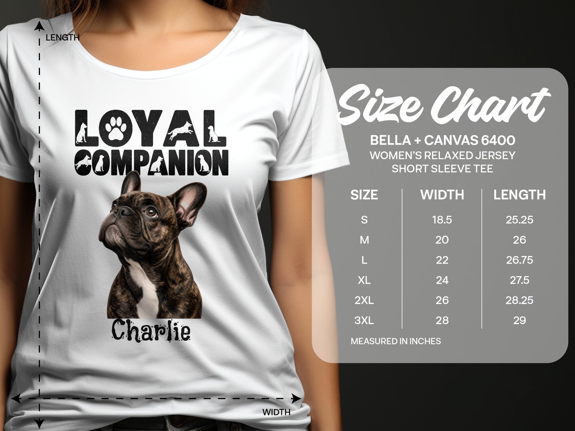 White t-shirt with "Loyal Companion" graphic, French Bulldog, and size chart.