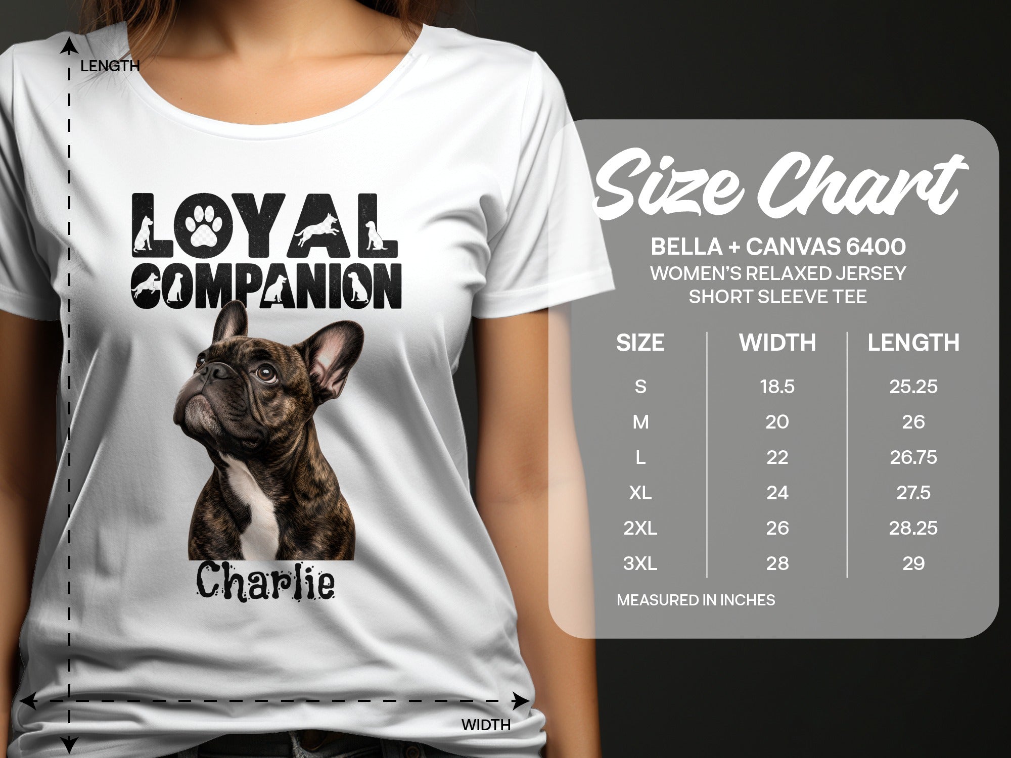 White t-shirt with "Loyal Companion" graphic, French Bulldog, and size chart.