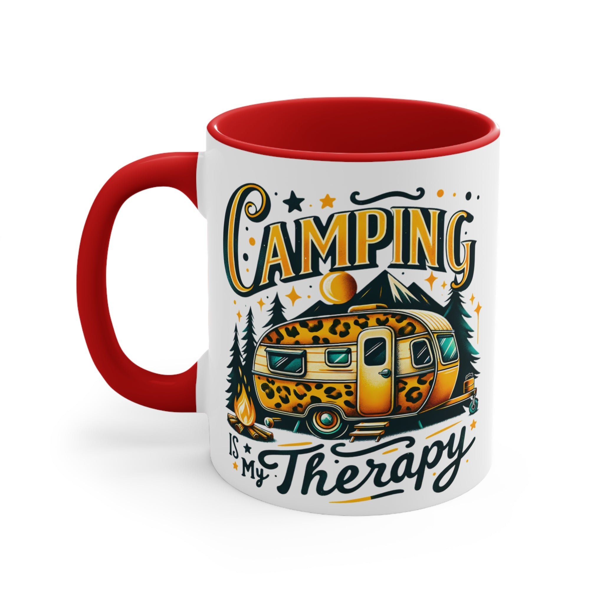 White mug with red handle featuring a retro camper and "Camping Is My Therapy" text.