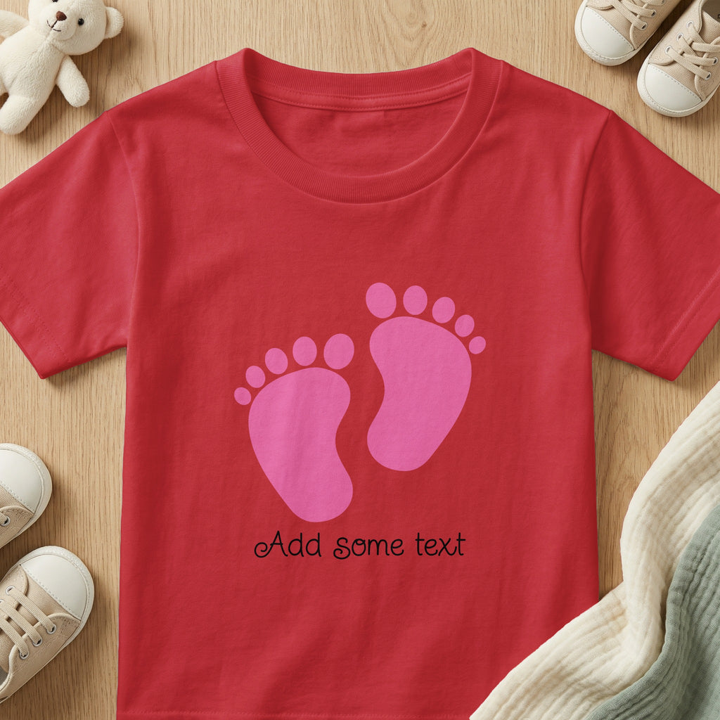 Red t-shirt with pink baby footprints and "Add some text" graphic.
