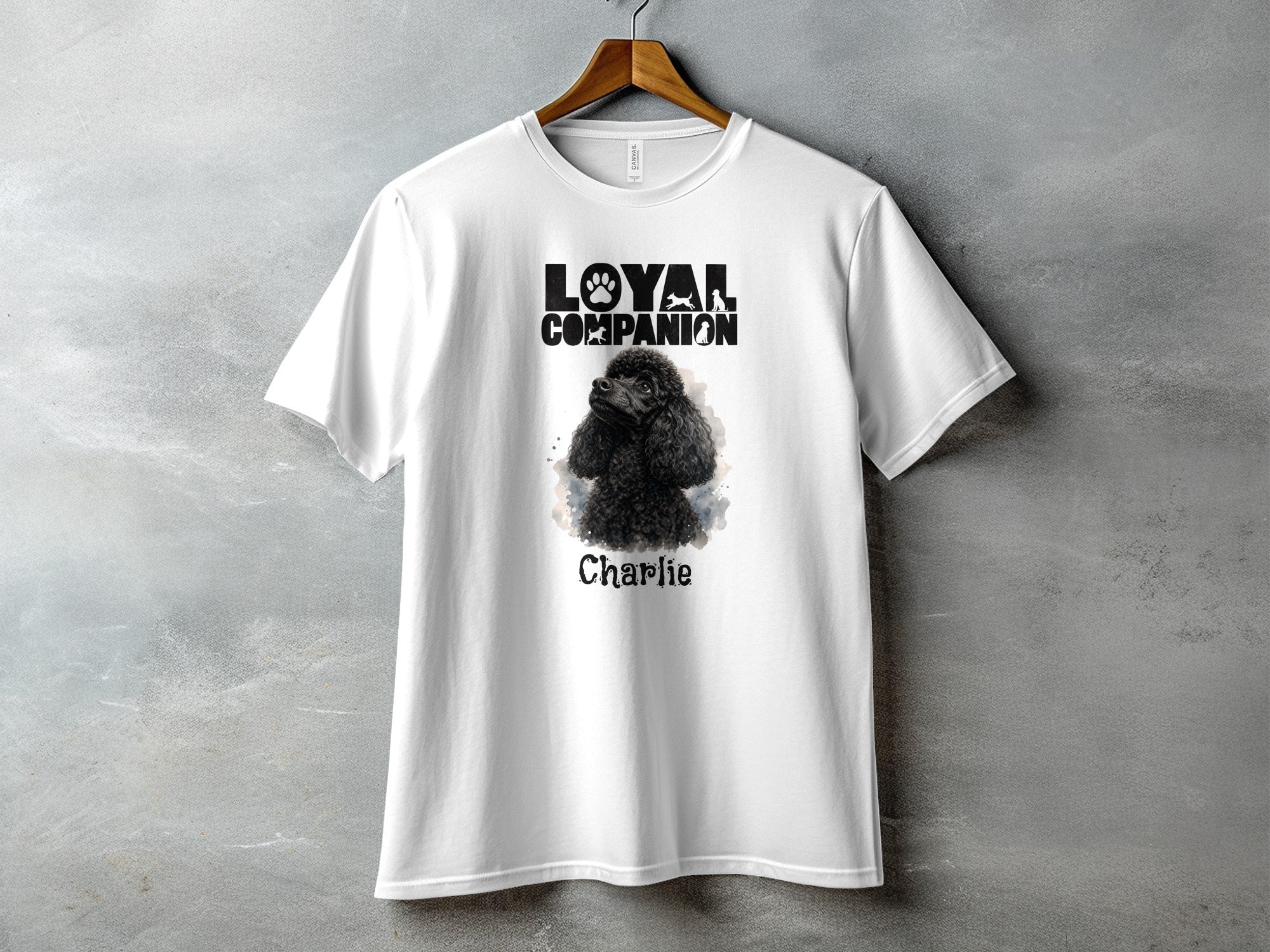 White t-shirt with "Loyal Companion" text and a black poodle named Charlie.