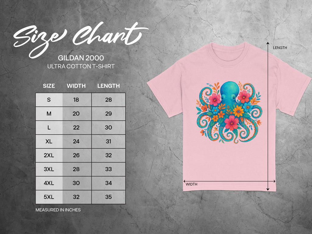 Gildan 2000 Ultra Cotton t-shirt size chart with octopus graphic.